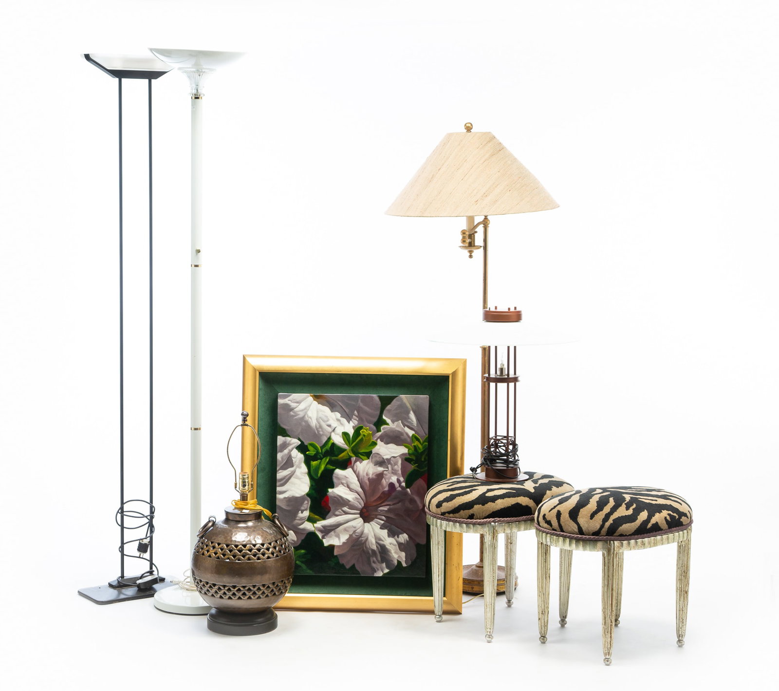 ASSORTED HOUSEHOLD DECOR, INCL. PAIR OF INTERIOR CRAFTS CHICAGO SILVER-GILT AND ZEBRA-PATTERNED (1 of 9)