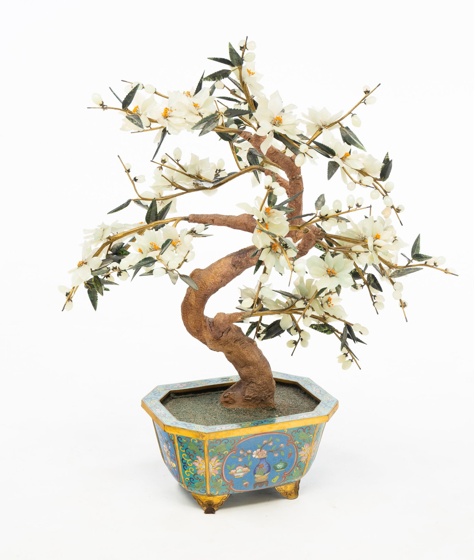 CHINESE SOAPSTONE TREE IN A CLOISONNE PLANTER. (1 of 5)