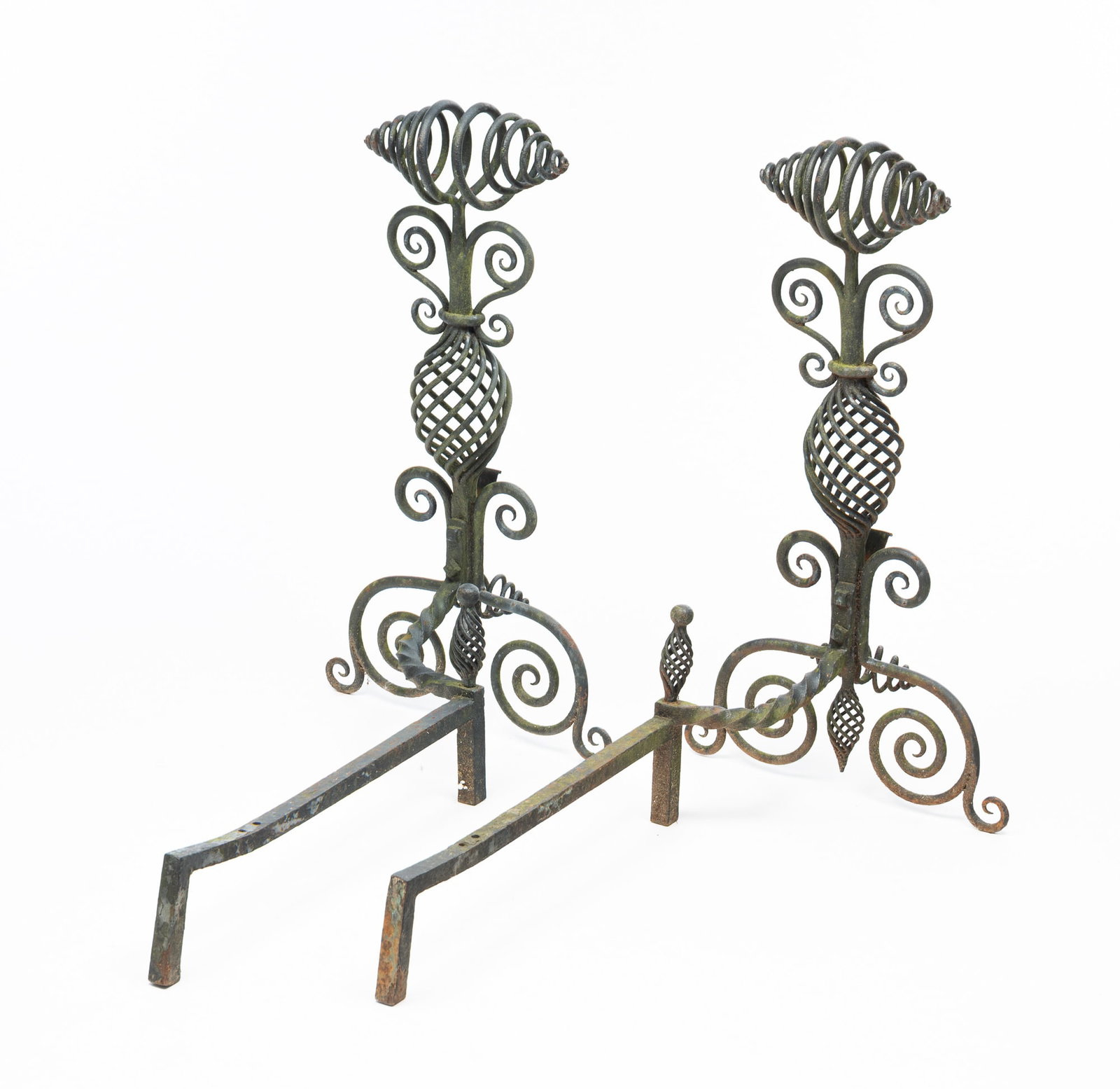 PAIR OF LARGE AMERICAN WROUGHT IRON ANDIRONS. (1 of 2)