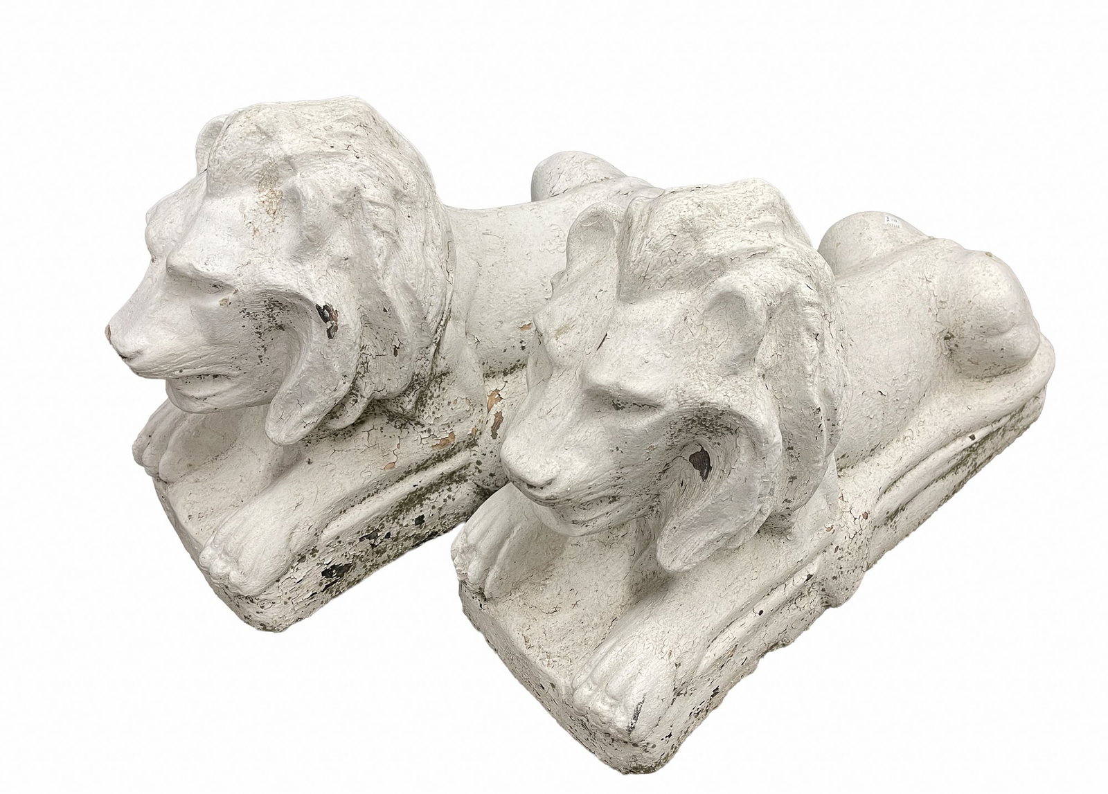 PAIR OF WHITE-PAINTED CAST CEMENT RECUMBENT GARDEN LIONS. (1 of 4)
