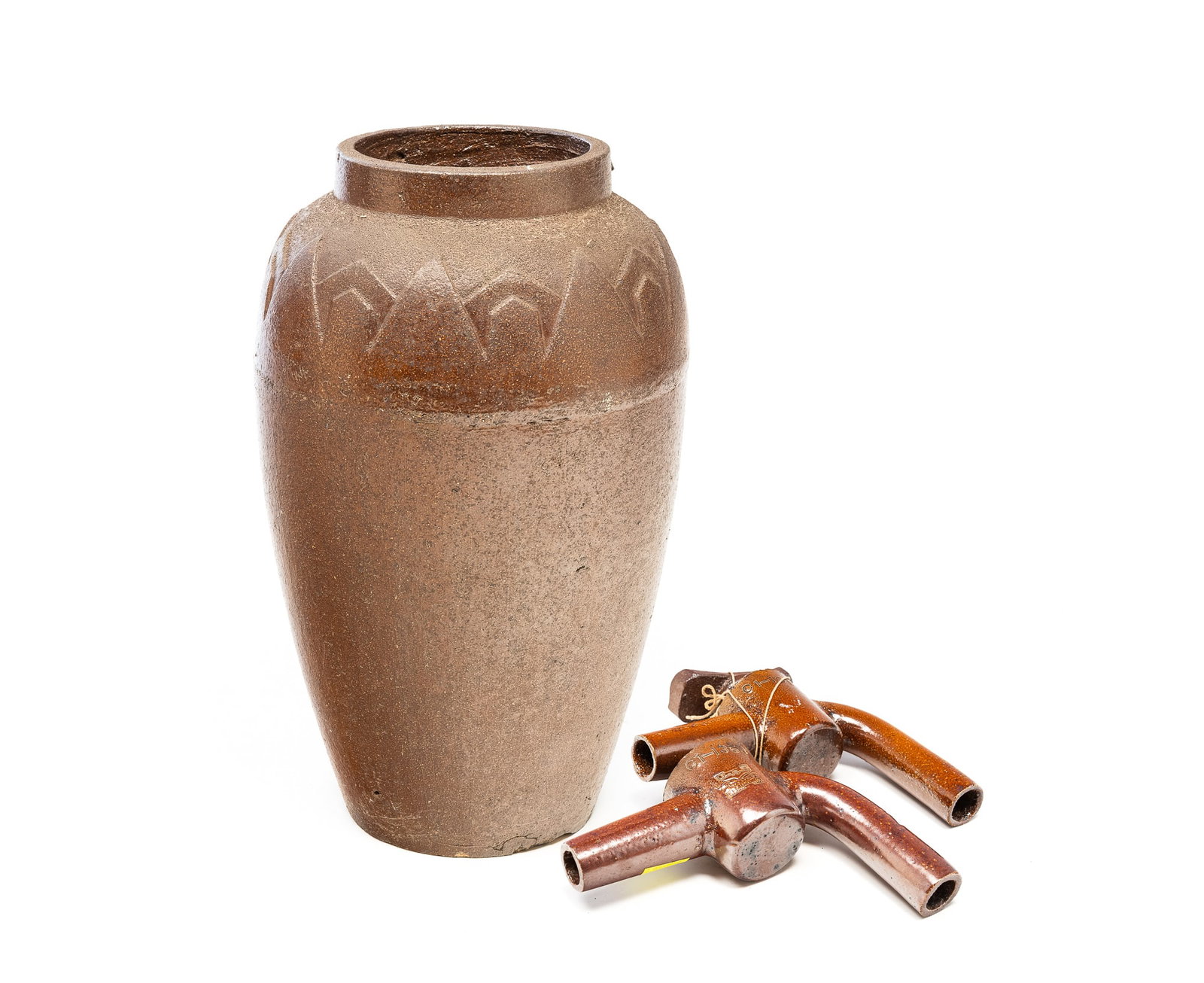 LARGE SEWER TILE FLOOR VASE AND TWO OHIO SEWER TILE SPIGOTS. (1 of 10)