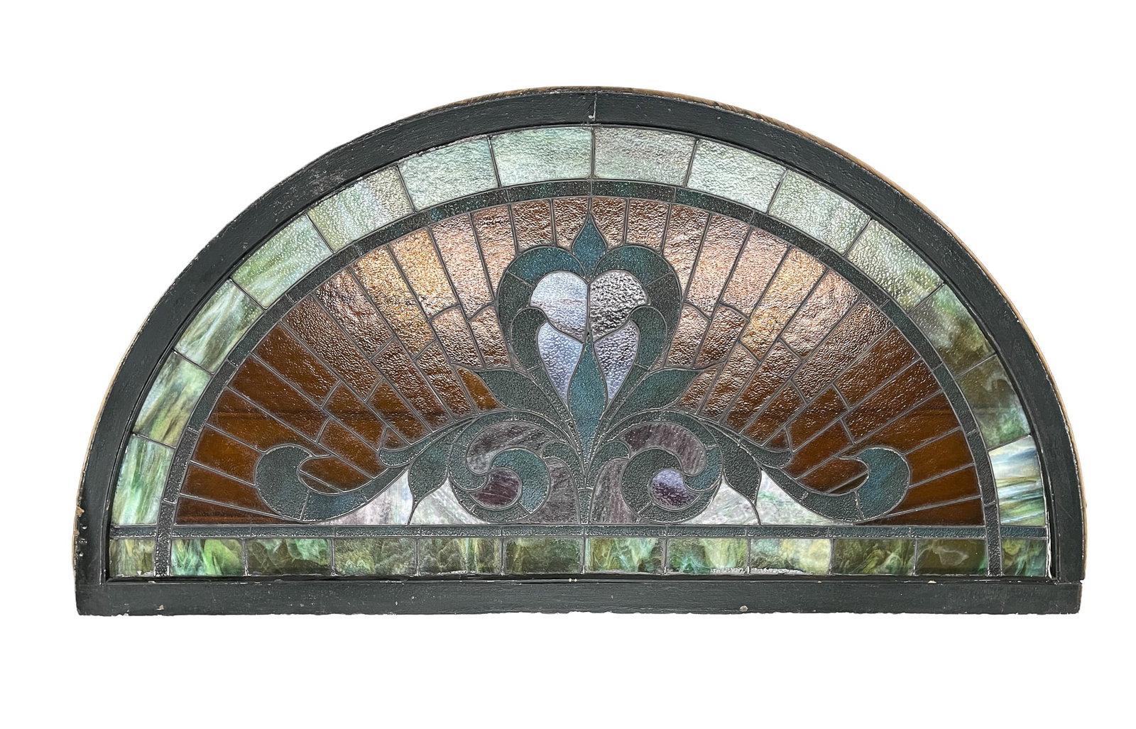 LARGE AMERICAN STAINED AND LEADED HALF-ROUND GLASS WINDOW. (1 of 6)
