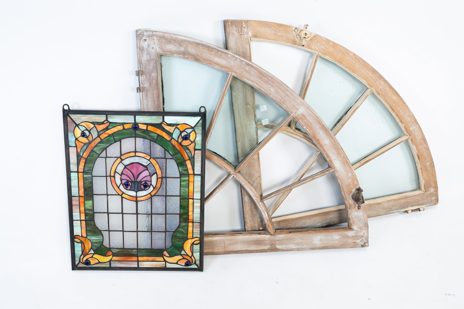 TWO ARCHITECTURAL WINDOWS PLUS A STAINED AND LEADED GLASS PANEL. (1 of 5)
