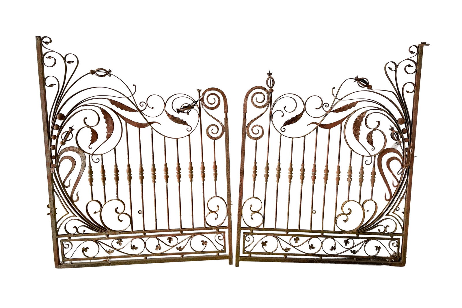 TWO-PIECE STEEL GATE.: TWO-PIECE STEEL GATE. 20th Century. Scrolled iron, flowers, graduated spheres, and bars with cast adornments. 93"h. 72"w. per leaf. 144"w. Provenance: From the late George Shahady (Bridgeport, West Vi