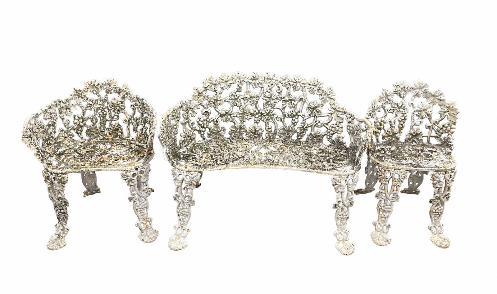 THREE-PIECE WHITE-PAINTED CAST IRON GARDEN SEATING SET. (1 of 5)