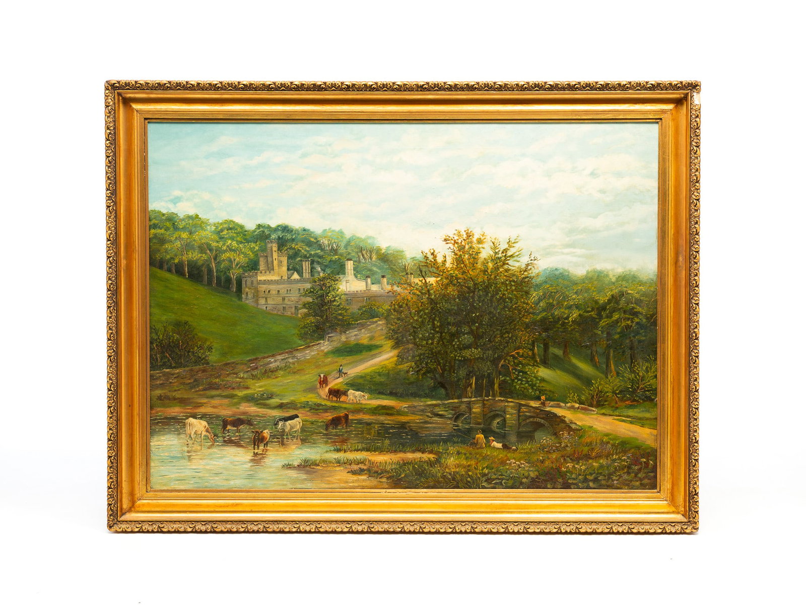 ATTR. TO BERTHA ELLIOTT (WIFE OF WILLIAM H. DUDLEY) "HADDEN HALL, DERBYSHIRE, ENGLAND" OIL ON: ATTR. TO BERTHA ELLIOTT (WIFE OF WILLIAM H. DUDLEY) "HADDEN HALL, DERBYSHIRE, ENGLAND" OIL ON CANVAS. English, Late 19th Century. Depicting a sweeping view of a verdant Hadden Hall, with cows and figu