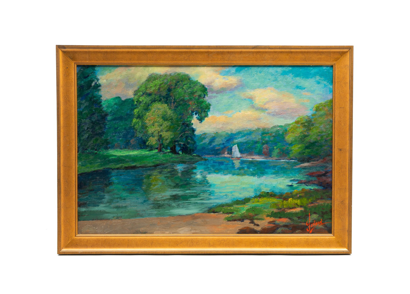 GEORGE JENSEN (AMERICAN, 1878–1977) OIL ON BOARD OF RIVER LANDSCAPE. (1 of 5)