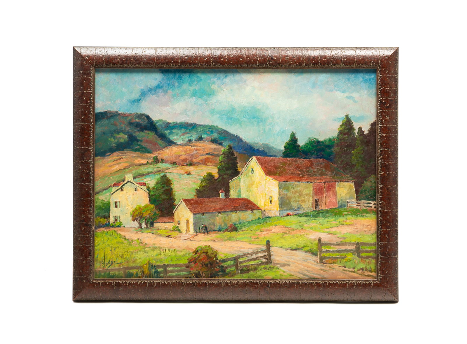 GEORGE JENSEN (AMERICAN, 1878–1977) OIL ON BOARD OF FARM LANDSCAPE. (1 of 5)