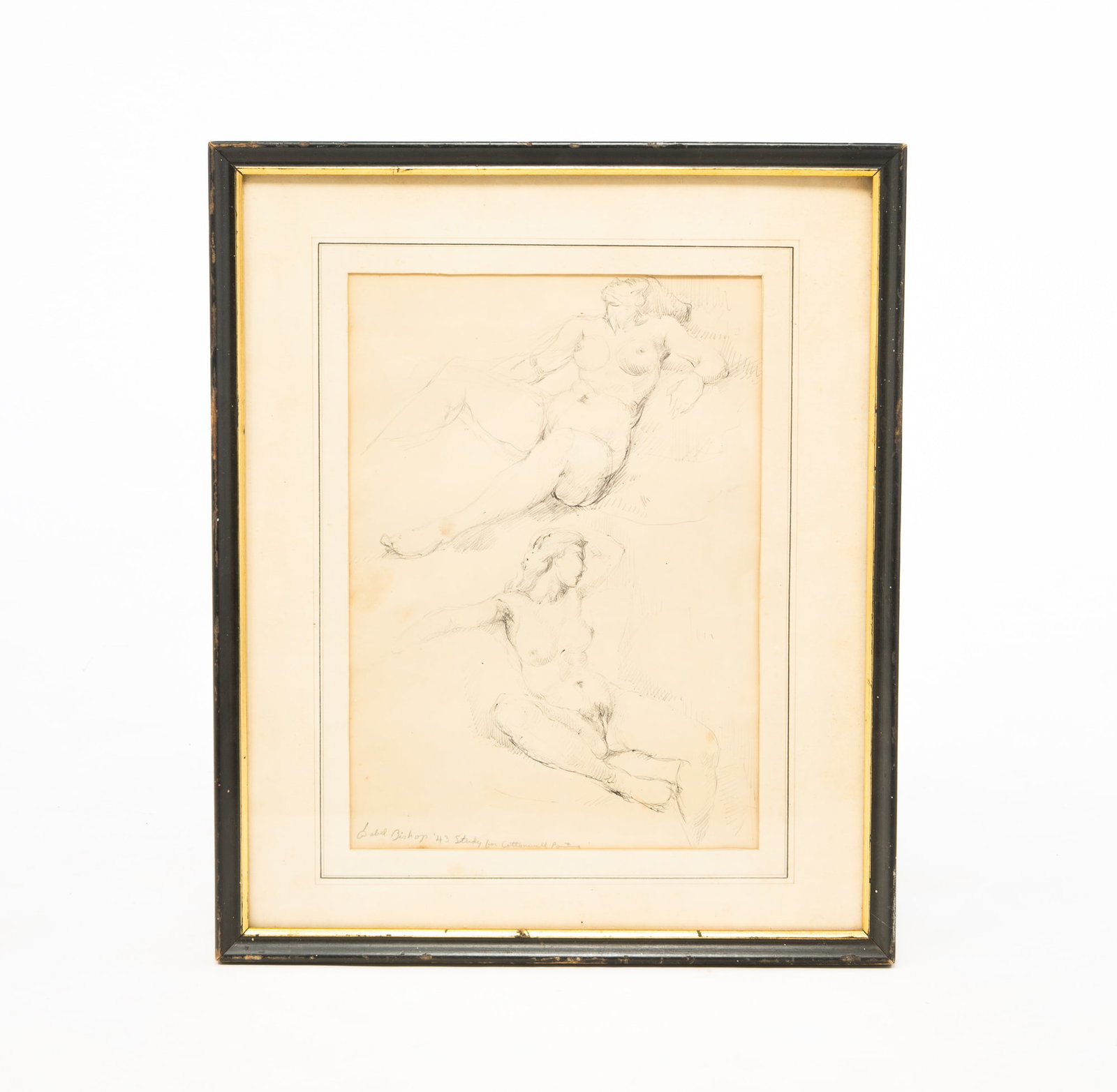 ISABEL BISHOP (AMERICAN, 1902-1988) INK ON PAPER STUDY OF NUDES.: ISABEL BISHOP (AMERICAN, 1902-1988) INK ON PAPER STUDY OF NUDES. Dated 1943. Ink sketches of two nude female figures, signed "Isabel Bishop '43 Study for Cottonwell Painting" at lower left. Sight, 13"