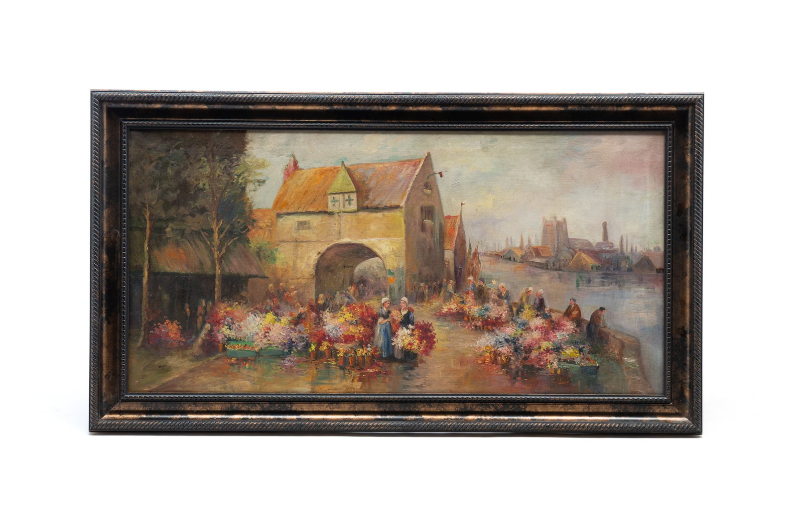 EUROPEAN SCHOOL OIL ON CANVAS OF MARKET SCENE.: EUROPEAN SCHOOL OIL ON CANVAS OF MARKET SCENE. 20th Century. Signed "Weger" lower left. A vibrant flower market near the water in town, with houses and buildings in the background. In a plastic frame.