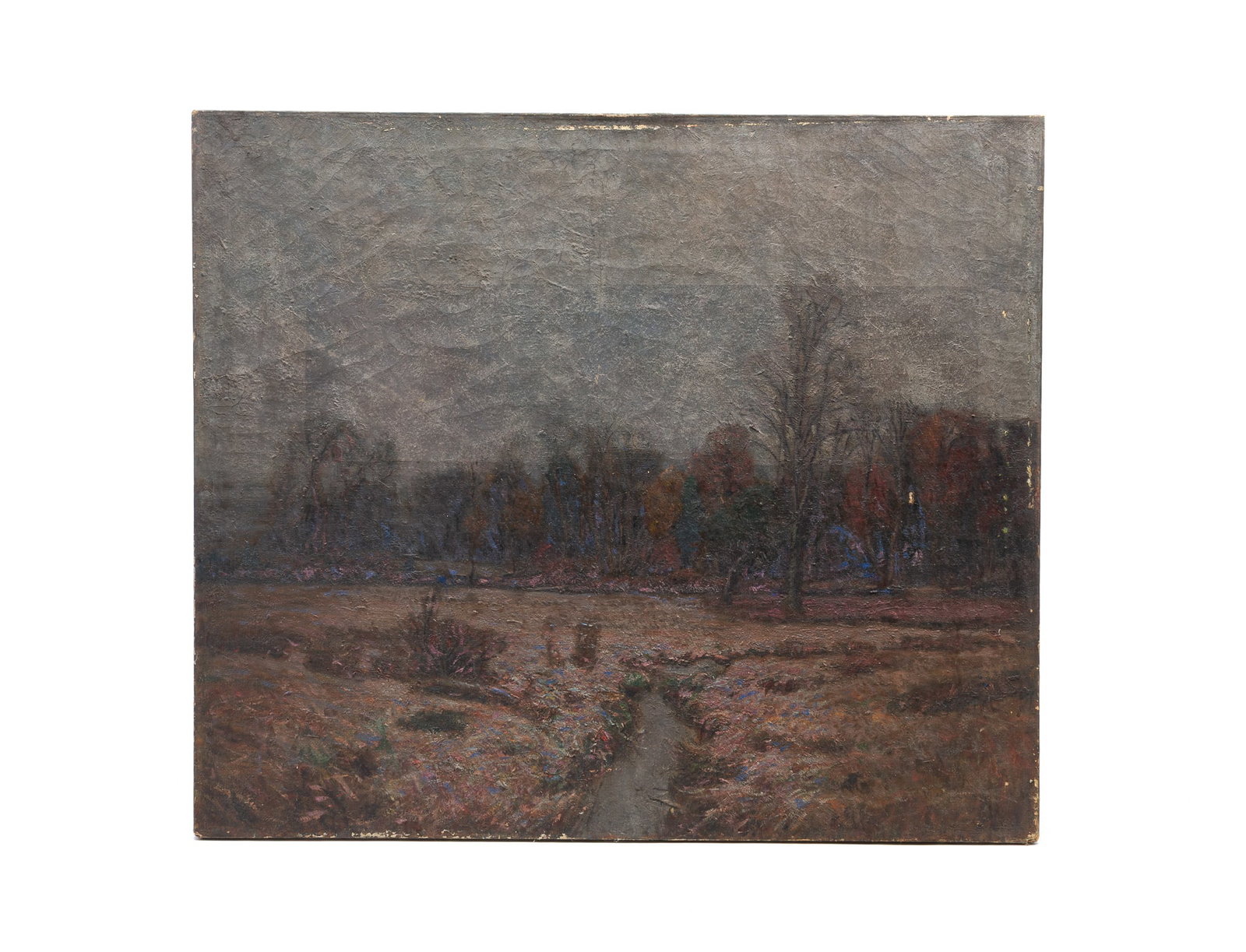 EDWARD PARKER HAYDEN (OHIO/NEW YORK/MASSACHUSETTS, 1858-1922) "A FROSTY WINTER" OIL ON CANVAS.: American, ca. 1900. A landscape view of a frost-covered ground and a creek running through to a heavily treed area. Signed and titled to back. 35.5"h. 41"w.