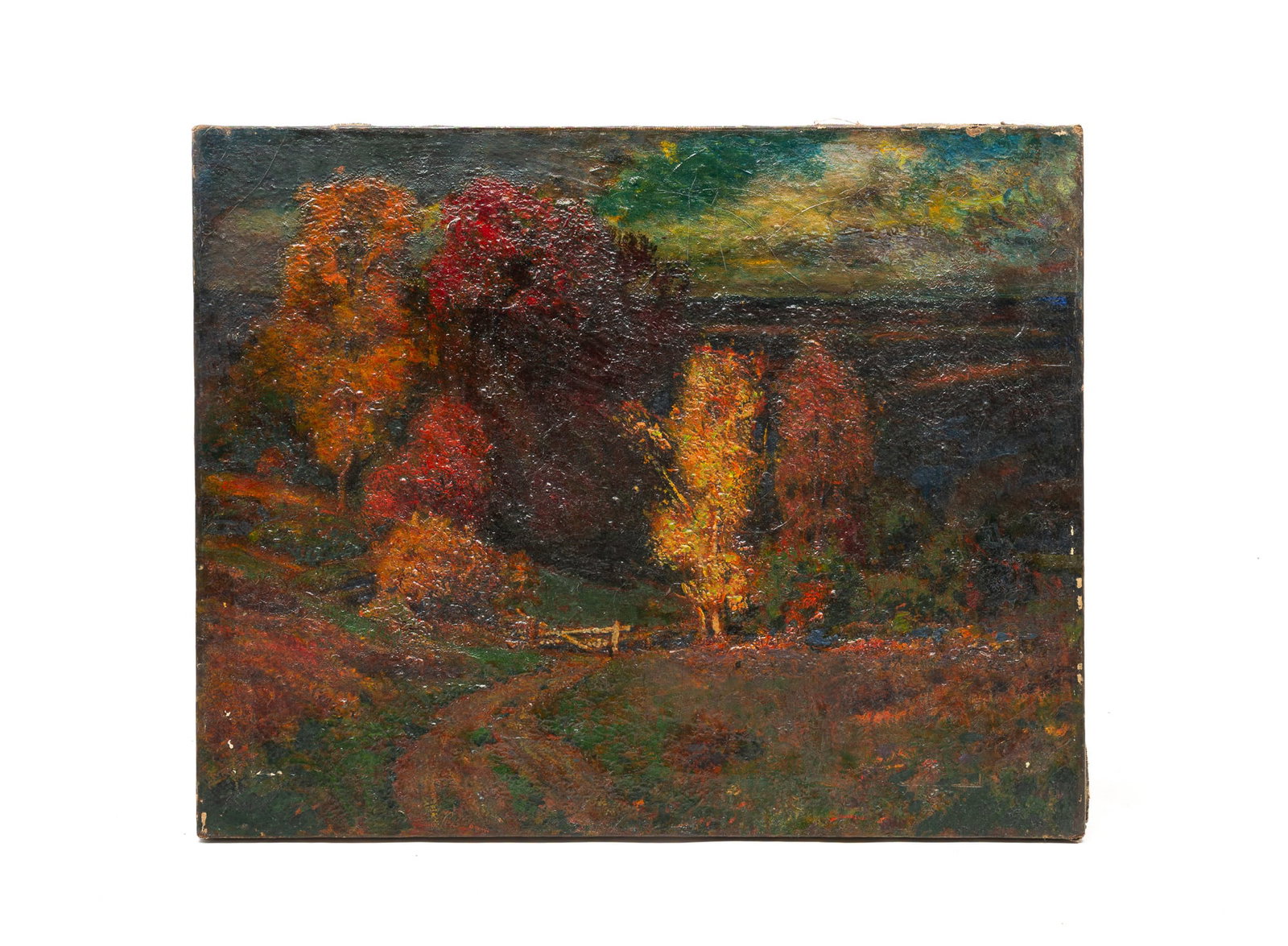 EDWARD PARKER HAYDEN (OHIO/NEW YORK/MASSACHUSETTS, 1858-1922) OIL ON CANVAS AUTUMNAL LANDSCAPE.: American, ca. 1900. In a heavy palette. Depiction of a gated path running through the tree-filled countryside under a cloudy blue sky. 20"h. 25"w.