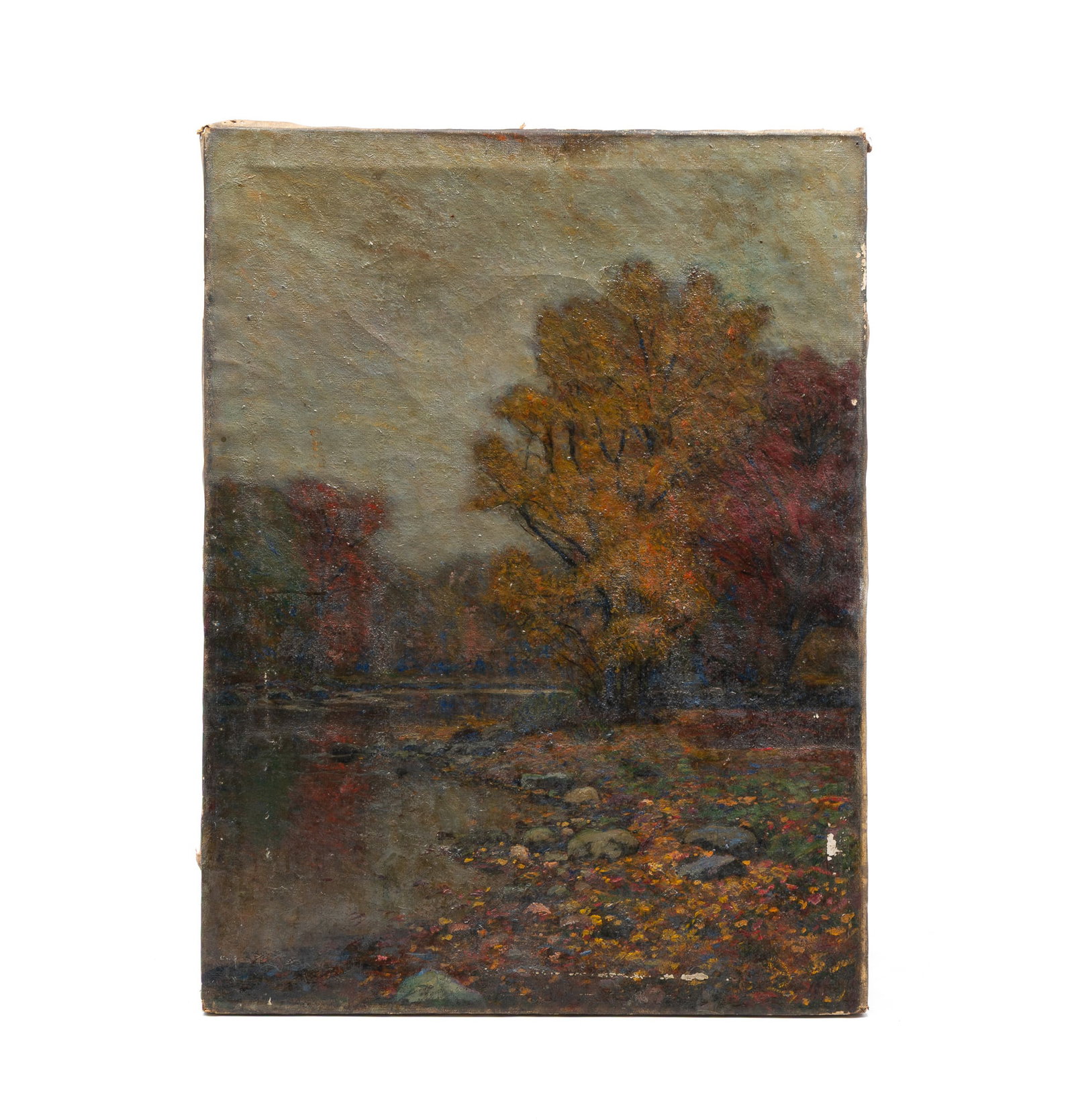 EDWARD PARKER HAYDEN (OHIO/NEW YORK/MASSACHUSETTS, 1858-1922) "AUTUMN HAZE" OIL ON CANVAS.: EDWARD PARKER HAYDEN (OHIO/NEW YORK/MASSACHUSETTS, 1858-1922) "AUTUMN HAZE" OIL ON CANVAS. American, ca. 1900. View of a creek winding through a tree-filled area under a blue-grey sky. Signed to back.