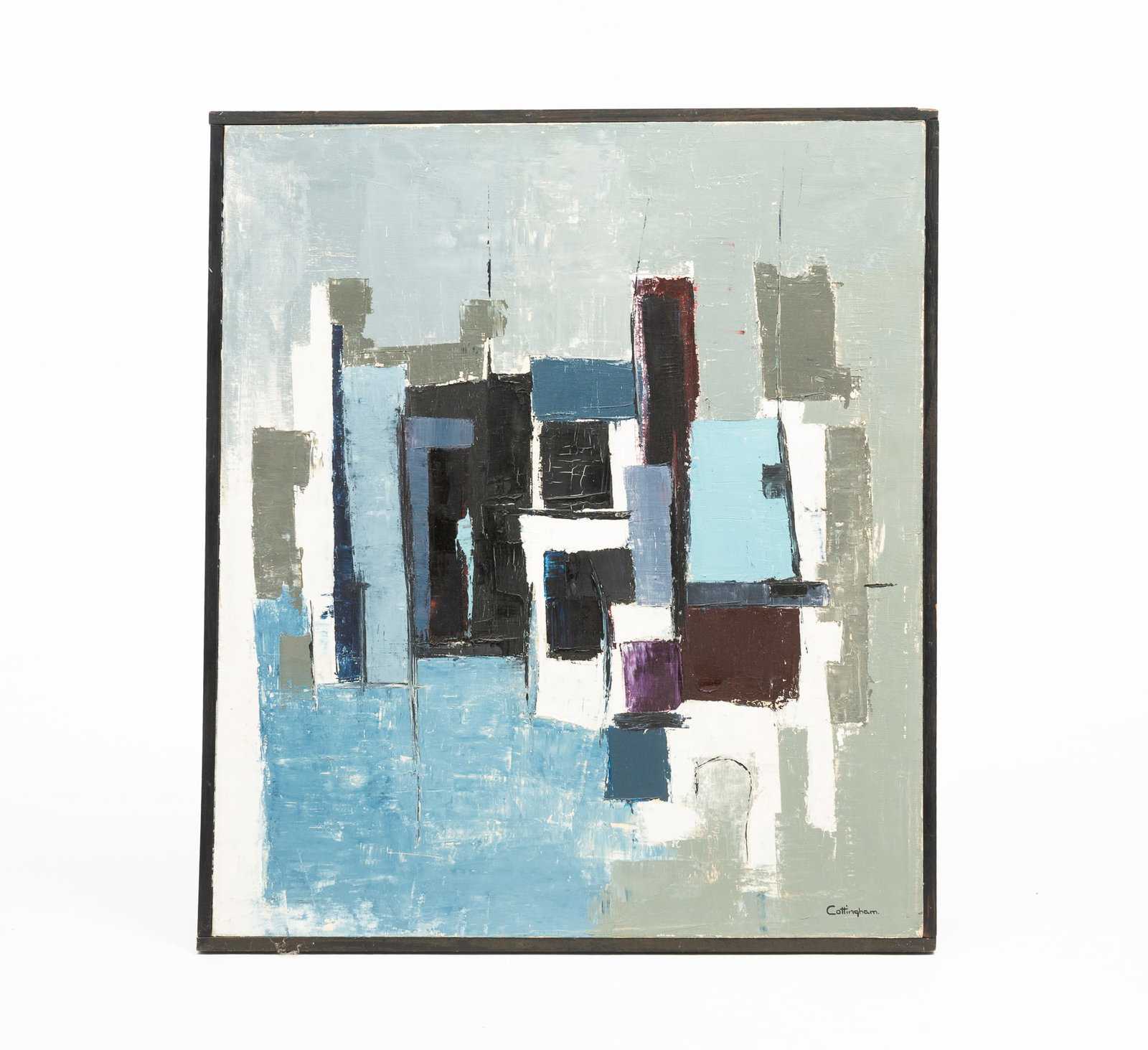 GAIL COTTINGHAM (AMERICAN, 20TH CENTURY) ABSTRACT GEOMETRIC OIL ON CANVAS.: GAIL COTTINGHAM (AMERICAN, 20TH CENTURY) ABSTRACT GEOMETRIC OIL ON CANVAS. Likely 1960s. Abstract geometric composition in grays, blues, blacks, and maroon, signed at lower right. In a simple black fr