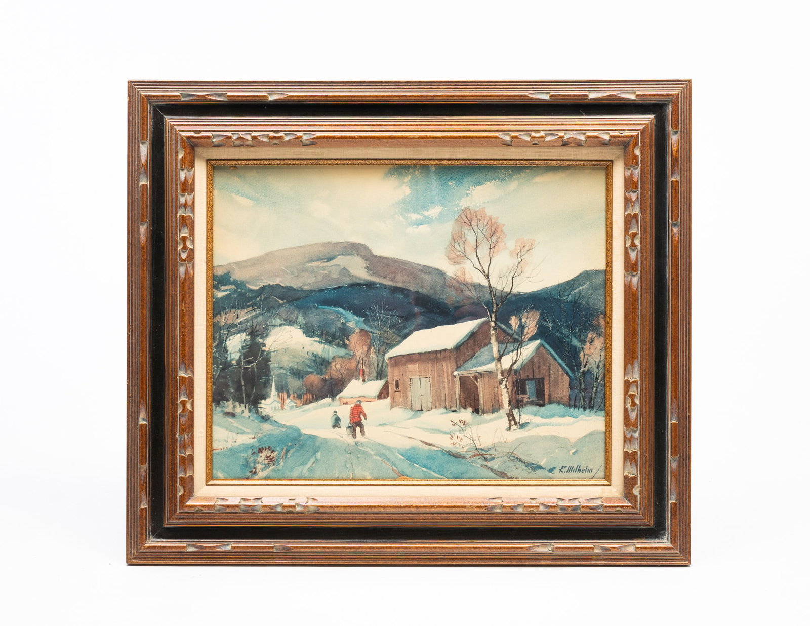 ROY WILHELM (AMERICAN, 1895-1954) WATERCOLOR ON PAPER OF A SNOWY FARM SCENE. (1 of 5)