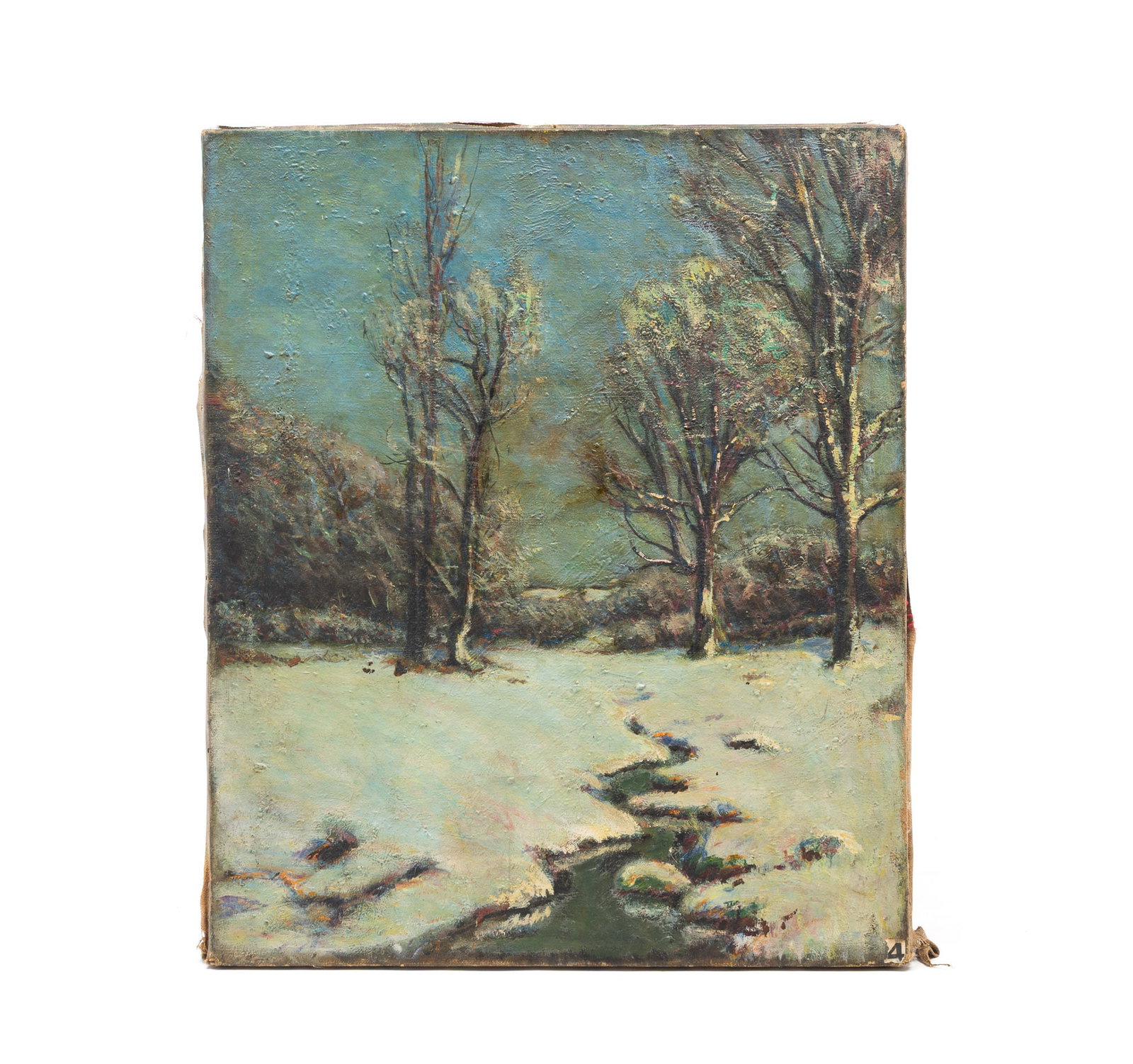 EDWARD PARKER HAYDEN (OHIO/NEW YORK/MASSACHUSETTS, 1858-1922) OIL ON CANVAS OF WINTER LANDSCAPE.: EDWARD PARKER HAYDEN (OHIO/NEW YORK/MASSACHUSETTS, 1858-1922) OIL ON CANVAS OF WINTER LANDSCAPE. American, ca. 1900. View of a meandering creek and trees under the snow and a blue sky. Unsigned. 30"h.
