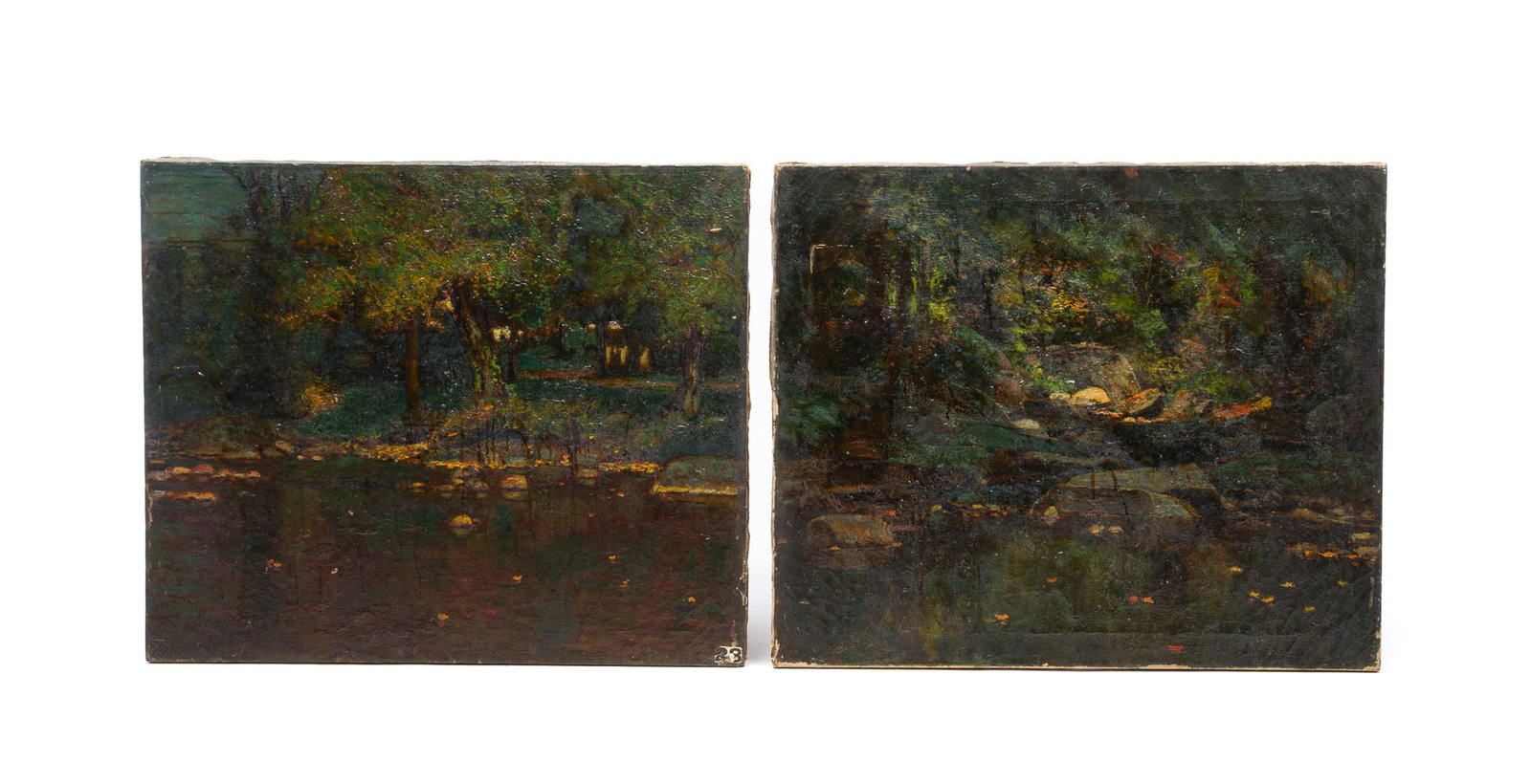 TWO EDWARD PARKER HAYDEN (OHIO/NEW YORK/MASSACHUSETTS, 1858-1922) OIL ON CANVAS LANDSCAPES.: American, ca. 1900. A view of a pond in a tree-filled area and one titled "A Quiet Pool" showing a hidden water feature in the middle of the trees. One signed and titled to back. 25"h. 30"w.