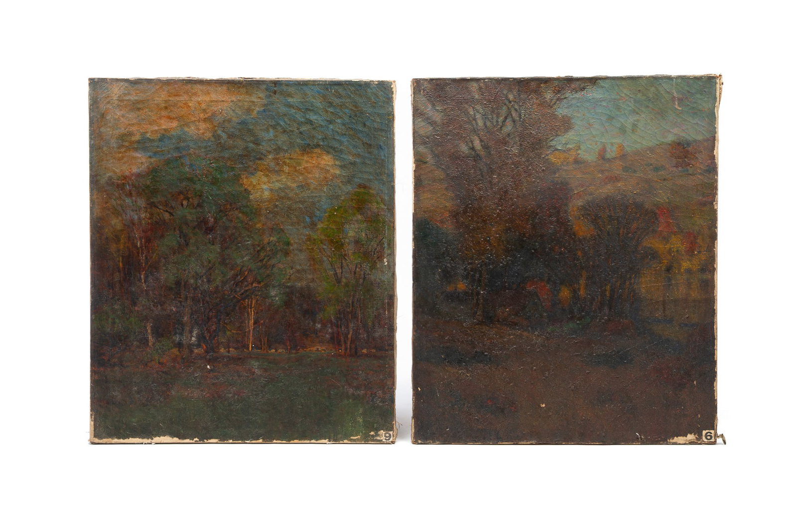 TWO EDWARD PARKER HAYDEN (OHIO/NEW YORK/MASSACHUSETTS, 1858-1922) OIL ON CANVAS AUTUMNAL LANDSCAPES.: American, ca. 1900. One titled "Under the Hill" depicting a tree-lined path to a hill, and the second is a landscape filled with trees under a blue, cloudy sky. One signed to back. Each, 30"h. 25"w.