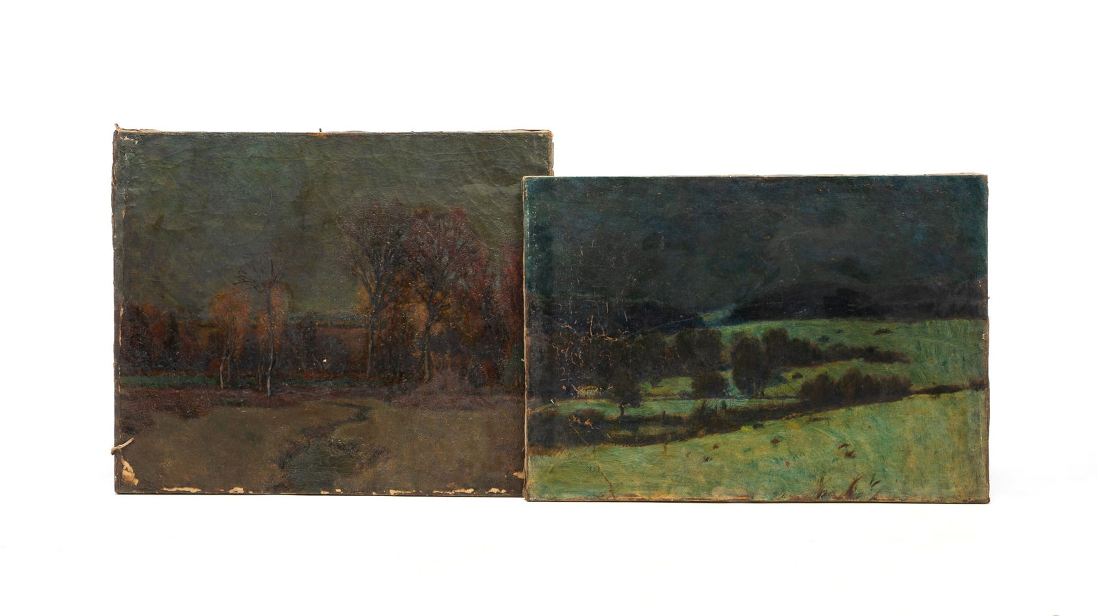 TWO EDWARD PARKER HAYDEN (OHIO/NEW YORK/MASSACHUSETTS, 1858-1922) OIL ON CANVAS LANDSCAPES.: TWO EDWARD PARKER HAYDEN (OHIO/NEW YORK/MASSACHUSETTS, 1858-1922) OIL ON CANVAS LANDSCAPES. American, ca. 1900. Larger depicts a creek running through a wooded landscape under a cloudy sky, and the ot