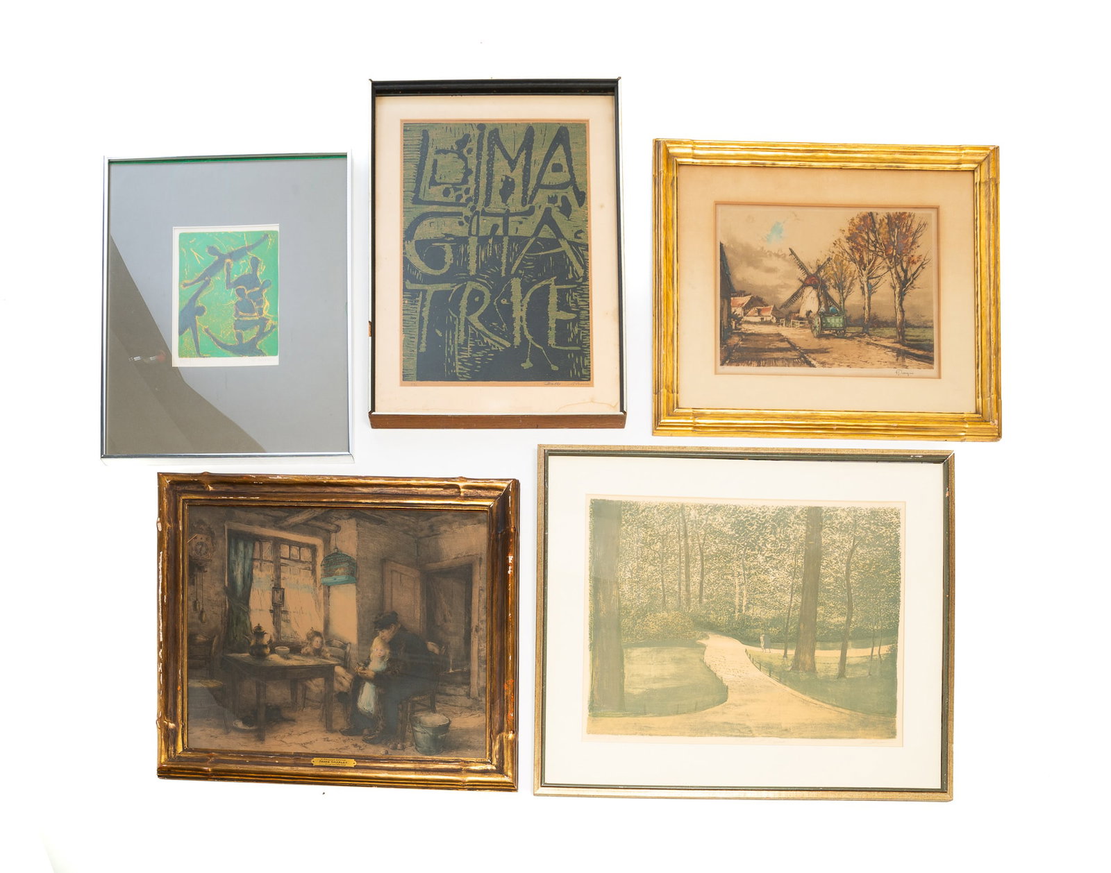 ECLECTIC GROUP OF FIVE PRINTS, INCL. HAROLD ALTMAN (AMERICAN, 1924-2003).: ECLECTIC GROUP OF FIVE PRINTS, INCL. HAROLD ALTMAN (AMERICAN, 1924-2003). Christian Dotremont (Belgian, 1922-1979) "L'Imagitatrice" woodcut in two colors, edition 33/50, numbered and signed in pencil