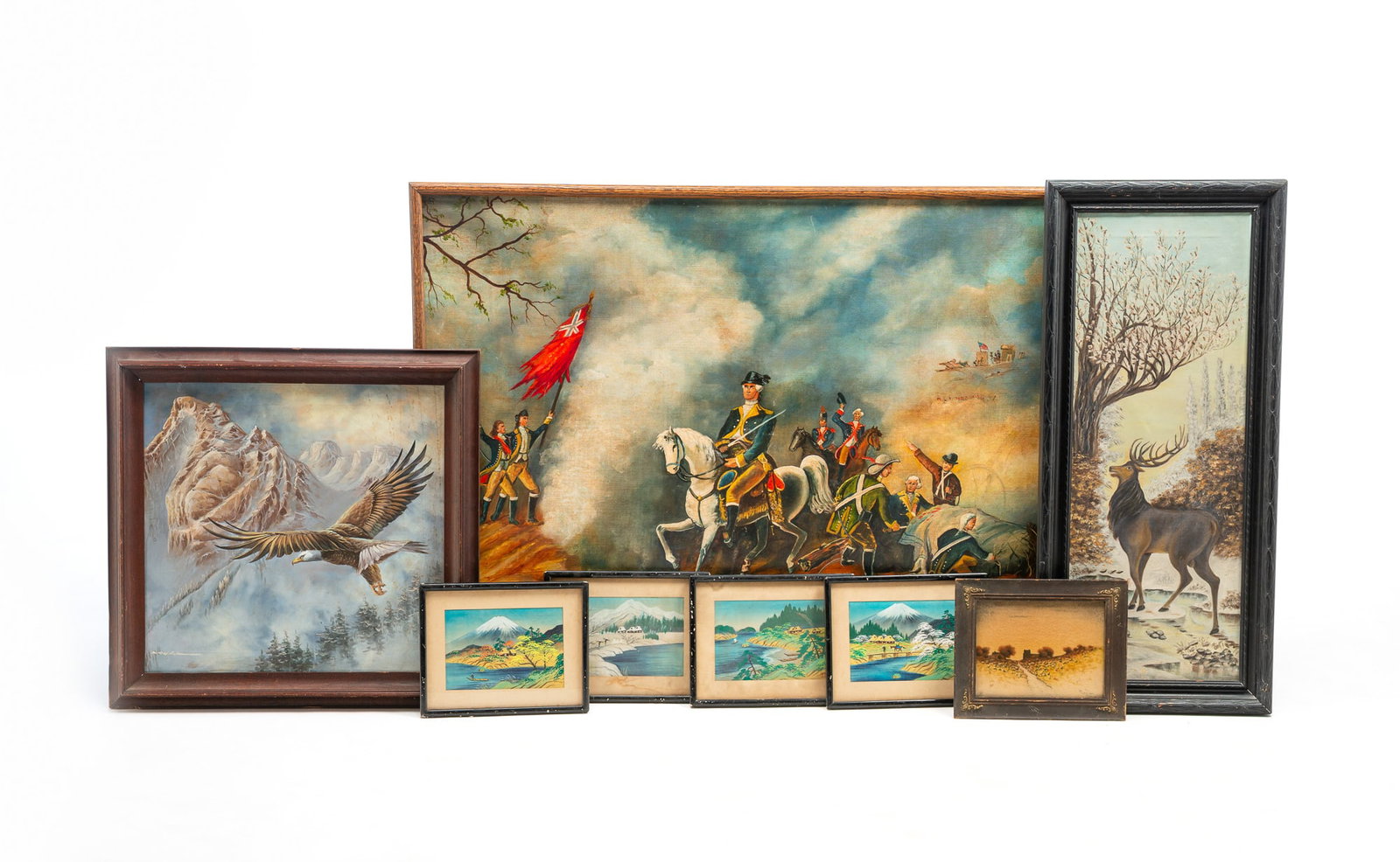 EIGHT ORIGINAL ARTWORKS, INCL. ASIAN LANDSCAPE PAINTINGS ON SILK.: 20th Century. Includes a large oil on canvas battle scene with Washington on his horse and the troops behind him, four Asian landscape paintings on silk, a landscape painting on velvet signed Preston,