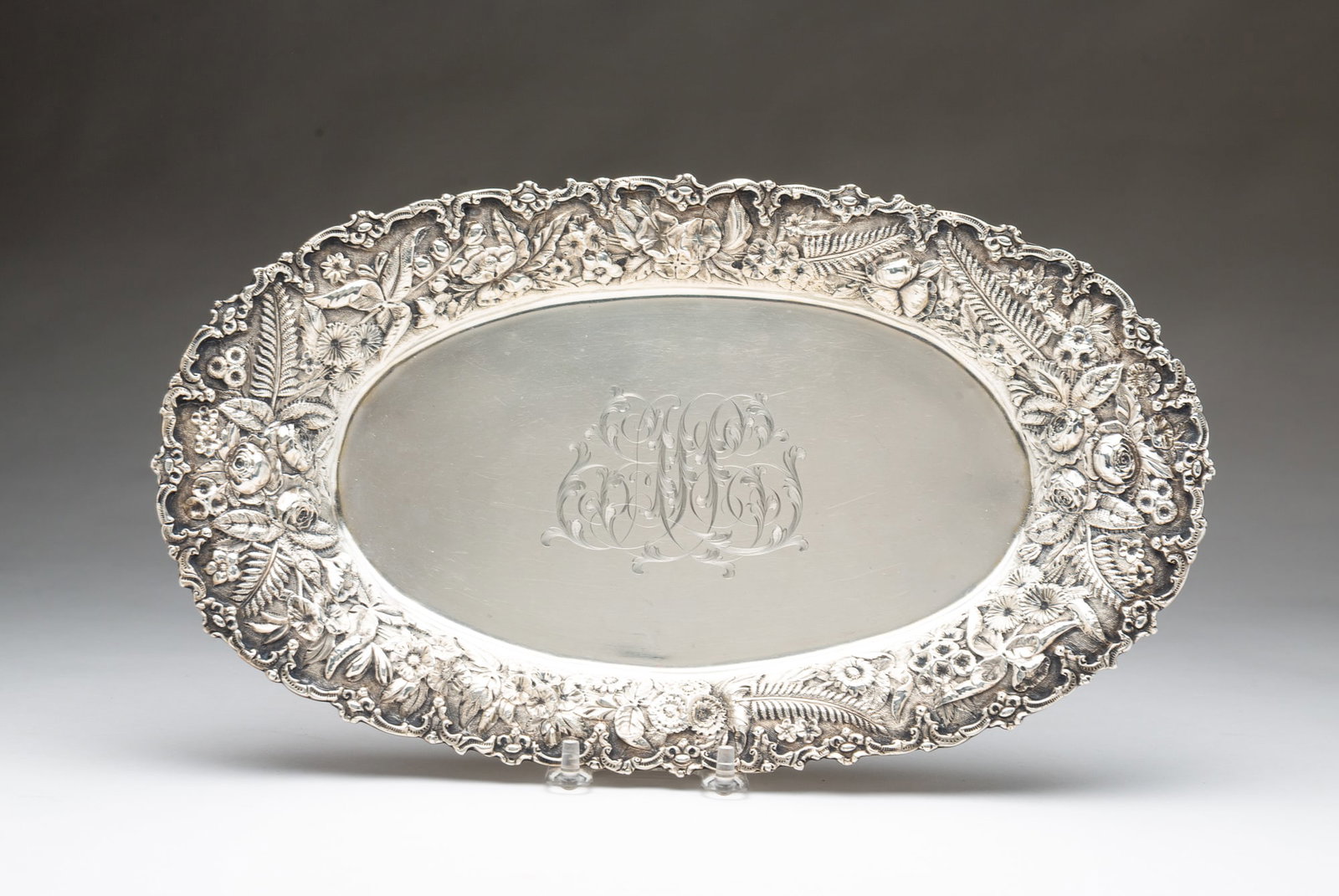 AMERICAN STERLING SILVER REPOUSSE BREAD TRAY. (1 of 5)