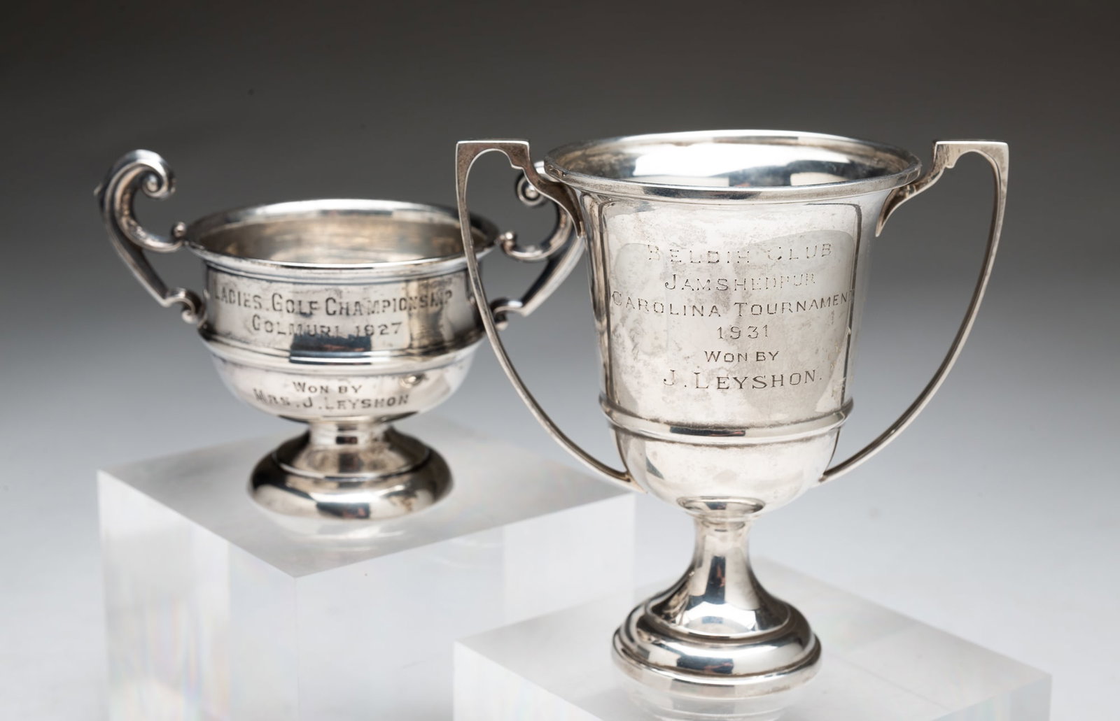 TWO DIMINUTIVE ENGLISH STERLING SILVER TROPHIES. (1 of 5)