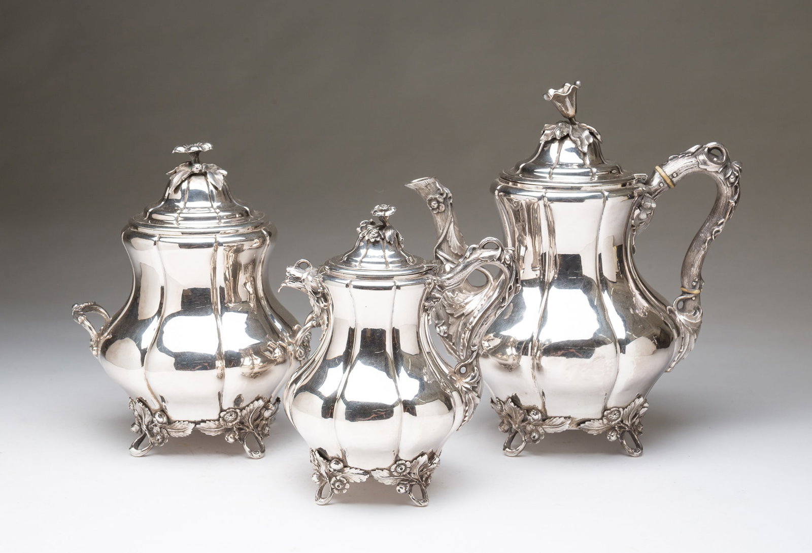 THREE-PIECE GORHAM COIN SILVER TEA SET. (1 of 5)