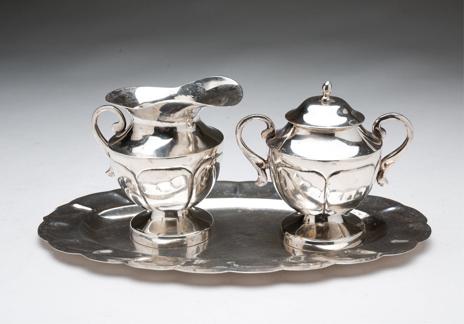 MEXICAN STERLING SILVER CREAMER AND SUGAR ON TRAY. (1 of 3)