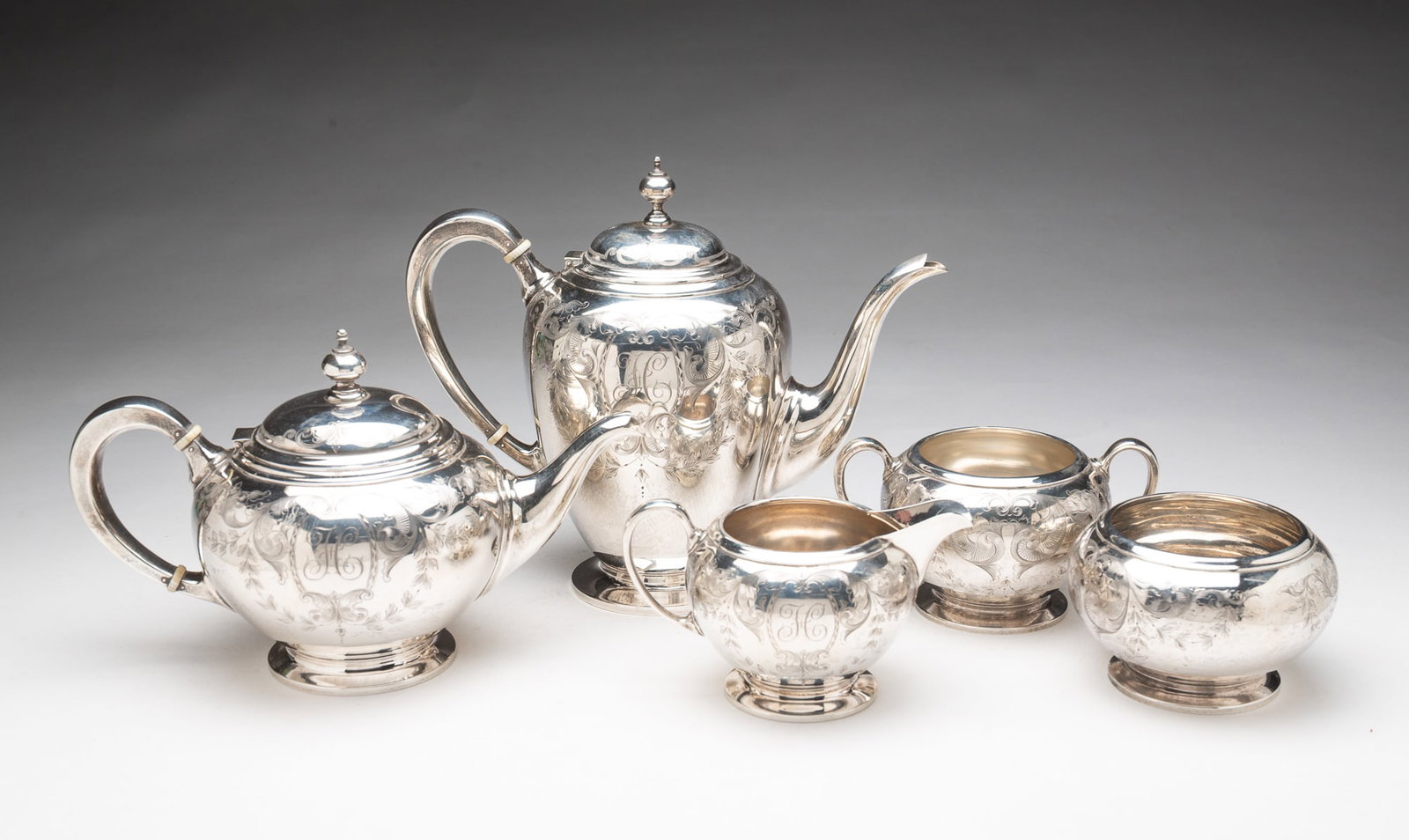 FIVE-PIECE S. KIRK AND SON STERLING SILVER TEA SET. (1 of 4)
