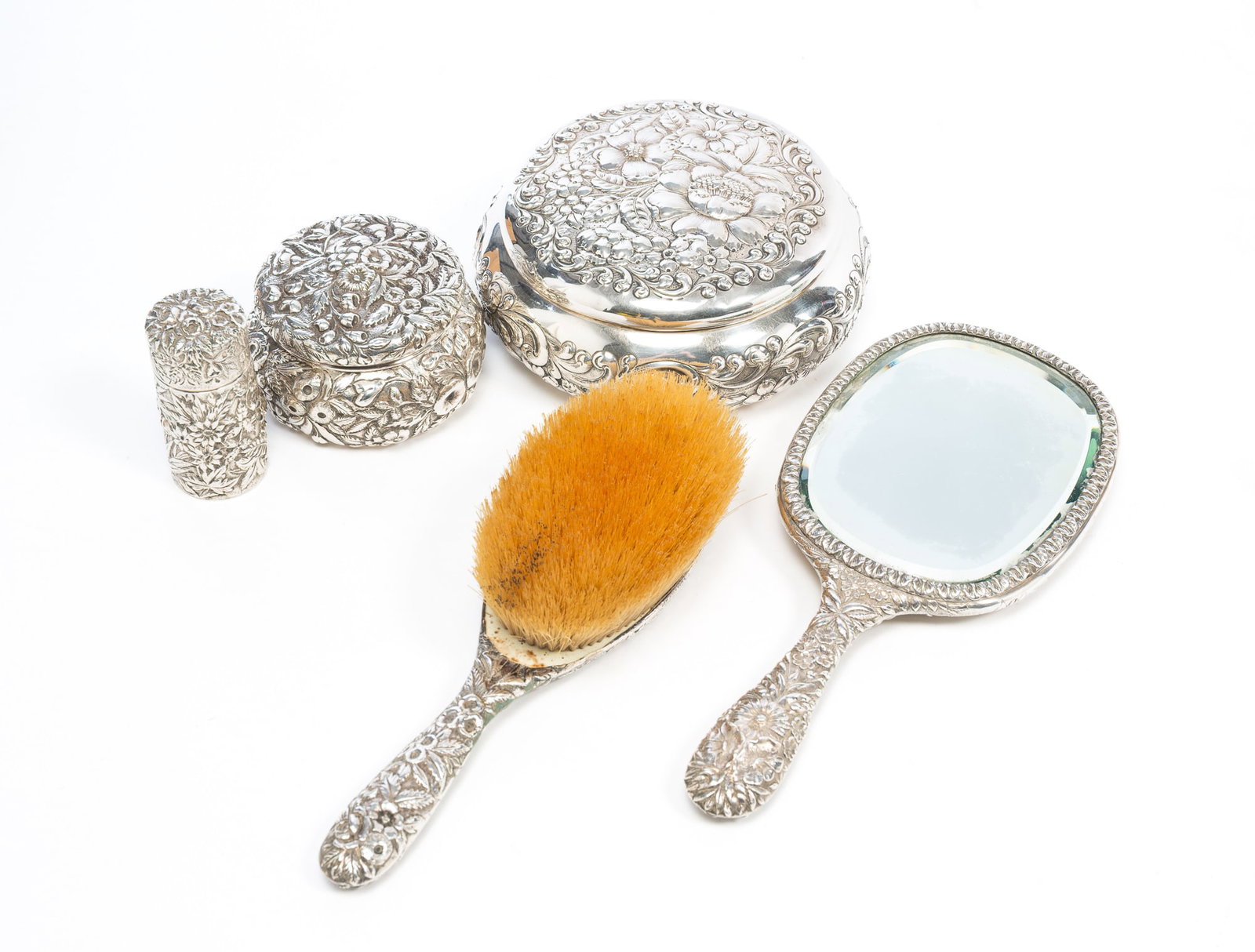 AMERICAN STERLING SILVER REPOUSSE DRESSER SET, INCL. S. KIRK & SON (BALTIMORE, MARYLAND) AND J.E. (1 of 5)