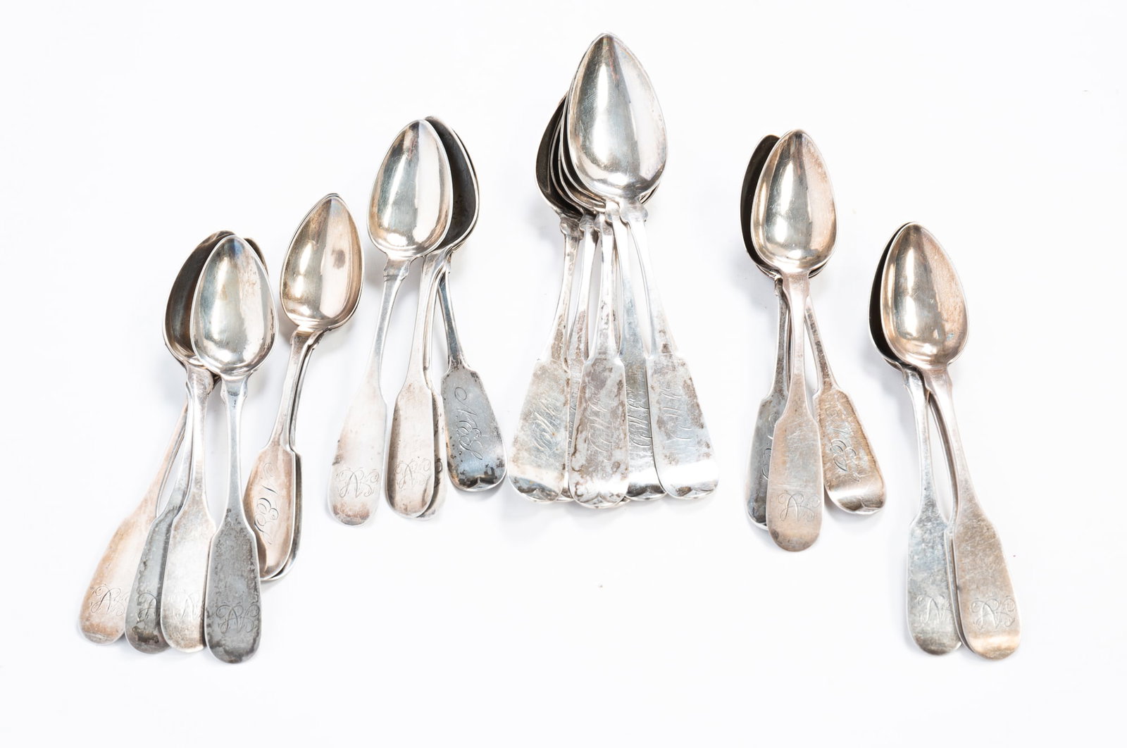 GROUP OF AMERICAN FIDDLEBACK COIN SILVER TEASPOONS.: Mid-19th Century. Includes eleven marked I. McMullin (Philadelphia), six teaspoons marked H.&S., and six tablespoons marked J.H. Morse (Baltimore). Largest, 7.25"l. Approximately 14.4ozt.**Note: