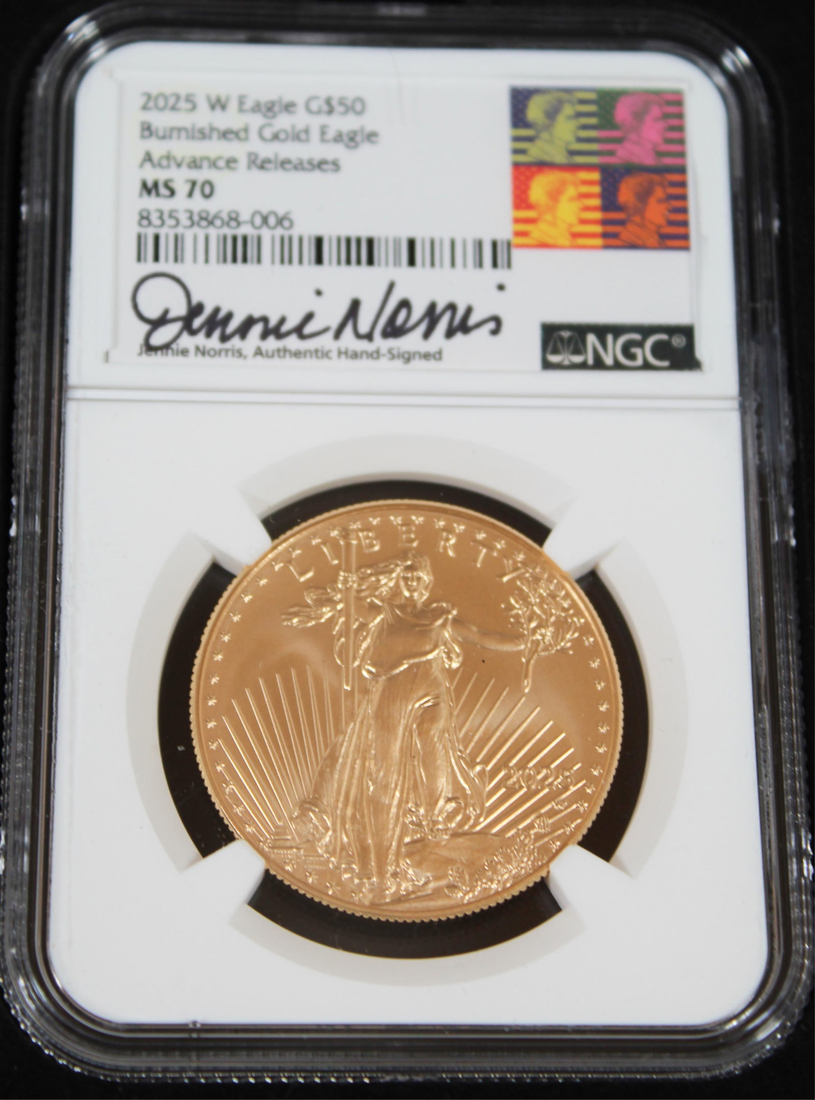 U.S. GOLD 2025 W $50 BURNISHED GOLD EAGLE COIN.: U.S. GOLD 2025 W $50 BURNISHED GOLD EAGLE COIN. U.S. gold 2025 W $50 Burnished Gold Eagle coin NGC graded MS70. "*We do not grade or qualify coin condition, nor do we weigh currency that is indicated