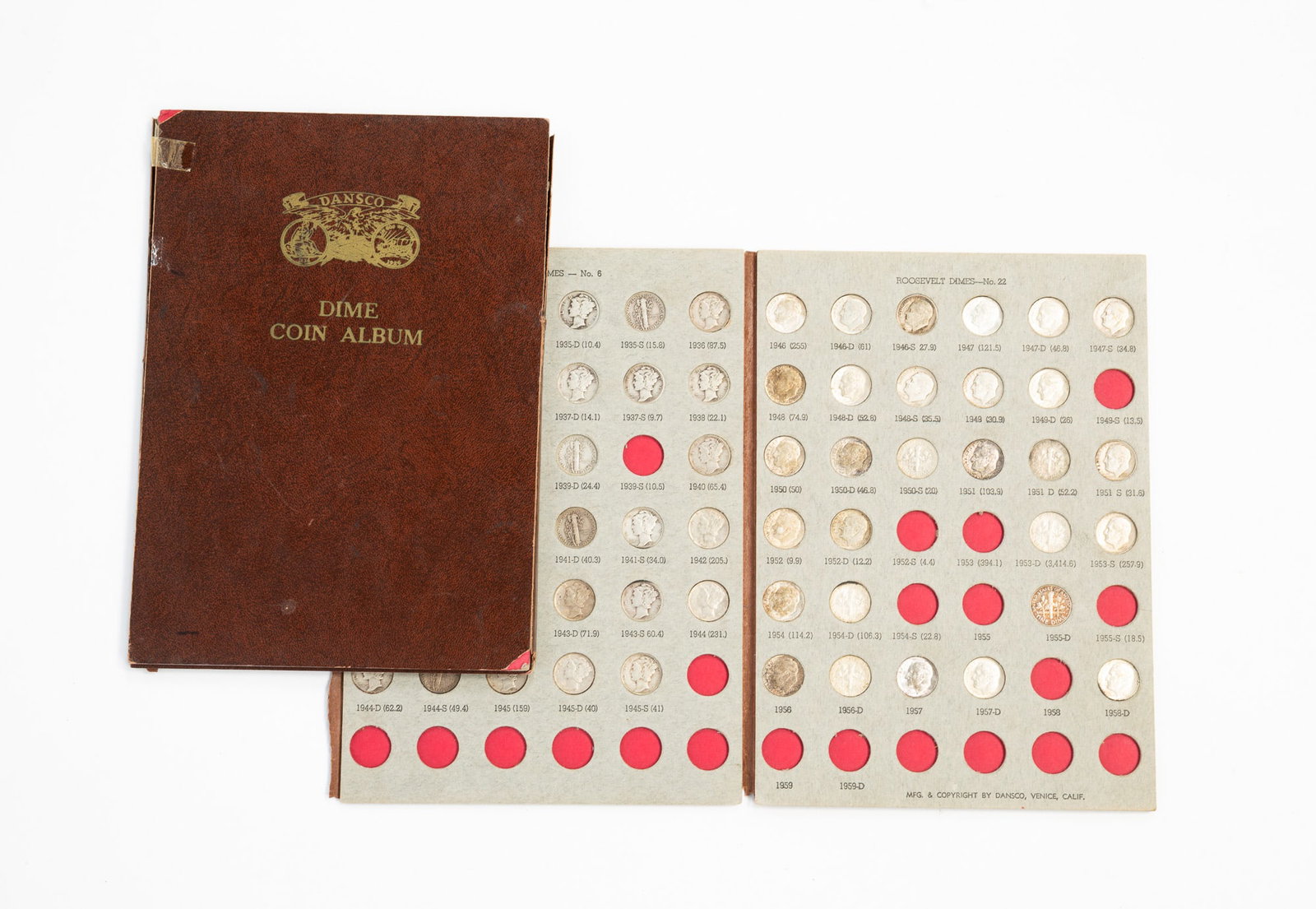 DANSCO DIME COIN ALBUM CONTAINING 108 U.S. DIMES 1907-1958.: Group of 108 dimes contained within a 5 panel Dansco Dime Coin Album. Album includes 12 Barber dimes, 67 Mercury dimes and 29 Roosevelt dimes. *We do not grade or qualify coin condition, nor do we wei
