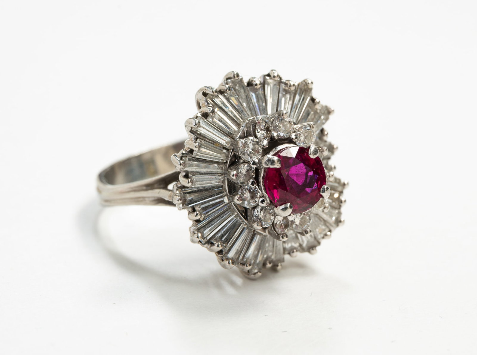 PLATINUM, DIAMOND AND RUBY COCKTAIL RING. - 2