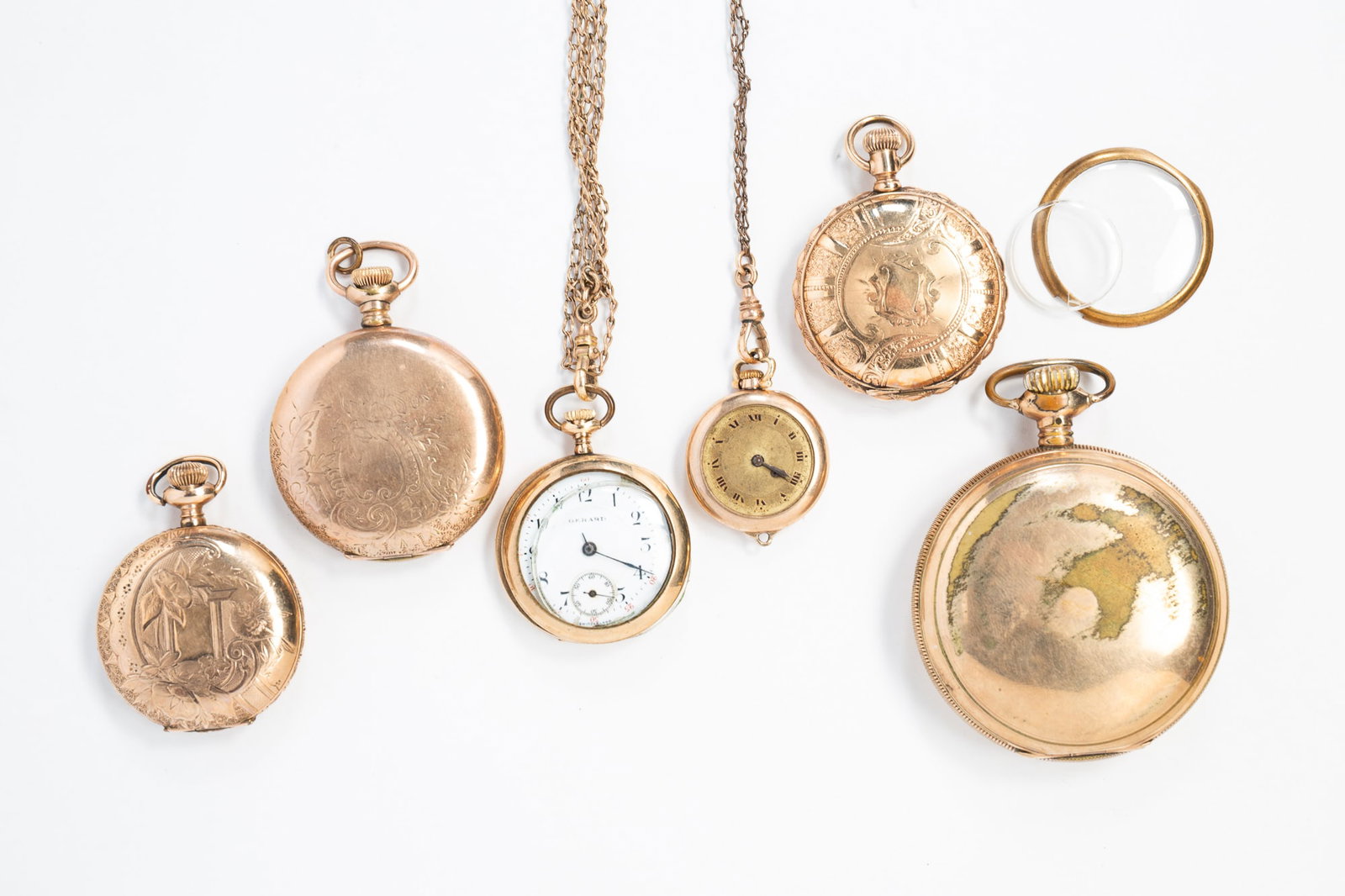 SIX VARIOUS POCKET WATCHES AND CHAINS, MOSTLY HUNTER CASES. (1 of 10)