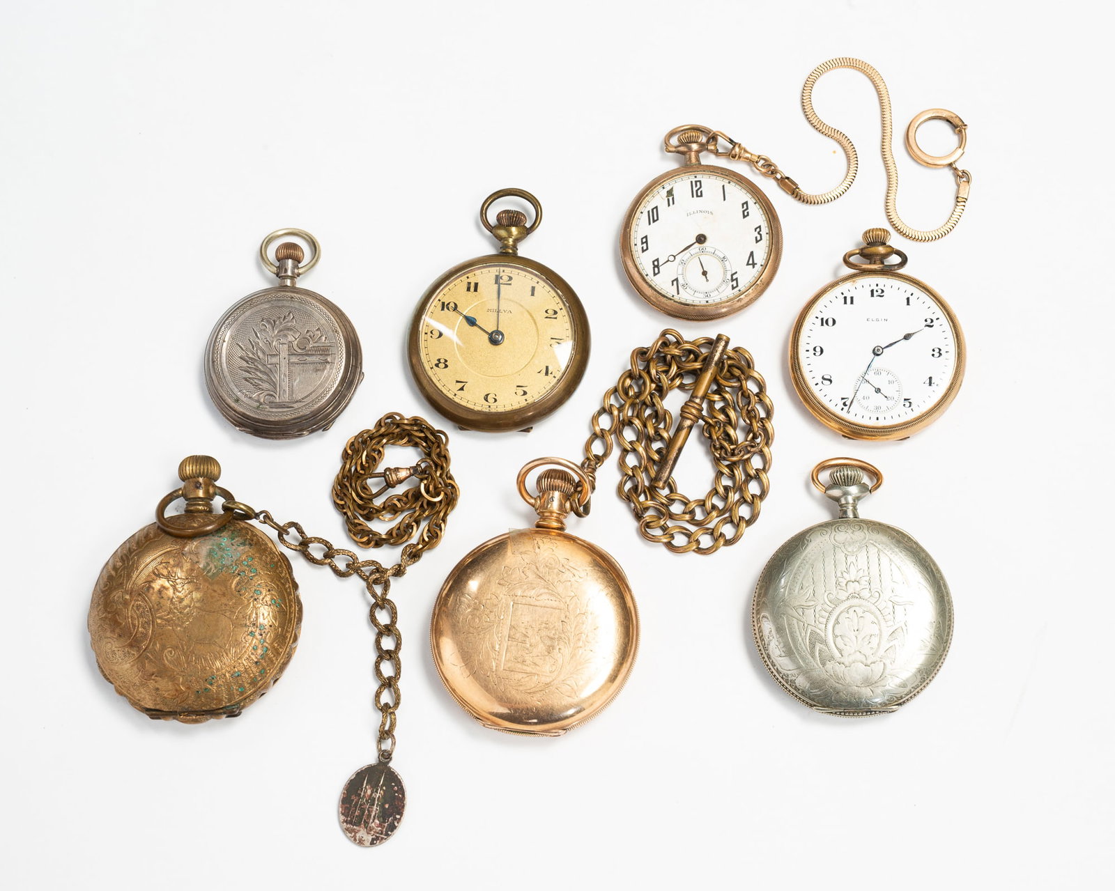 SEVEN POCKET WATCHES, INCL. ELGIN AND ILLINOIS. (1 of 4)