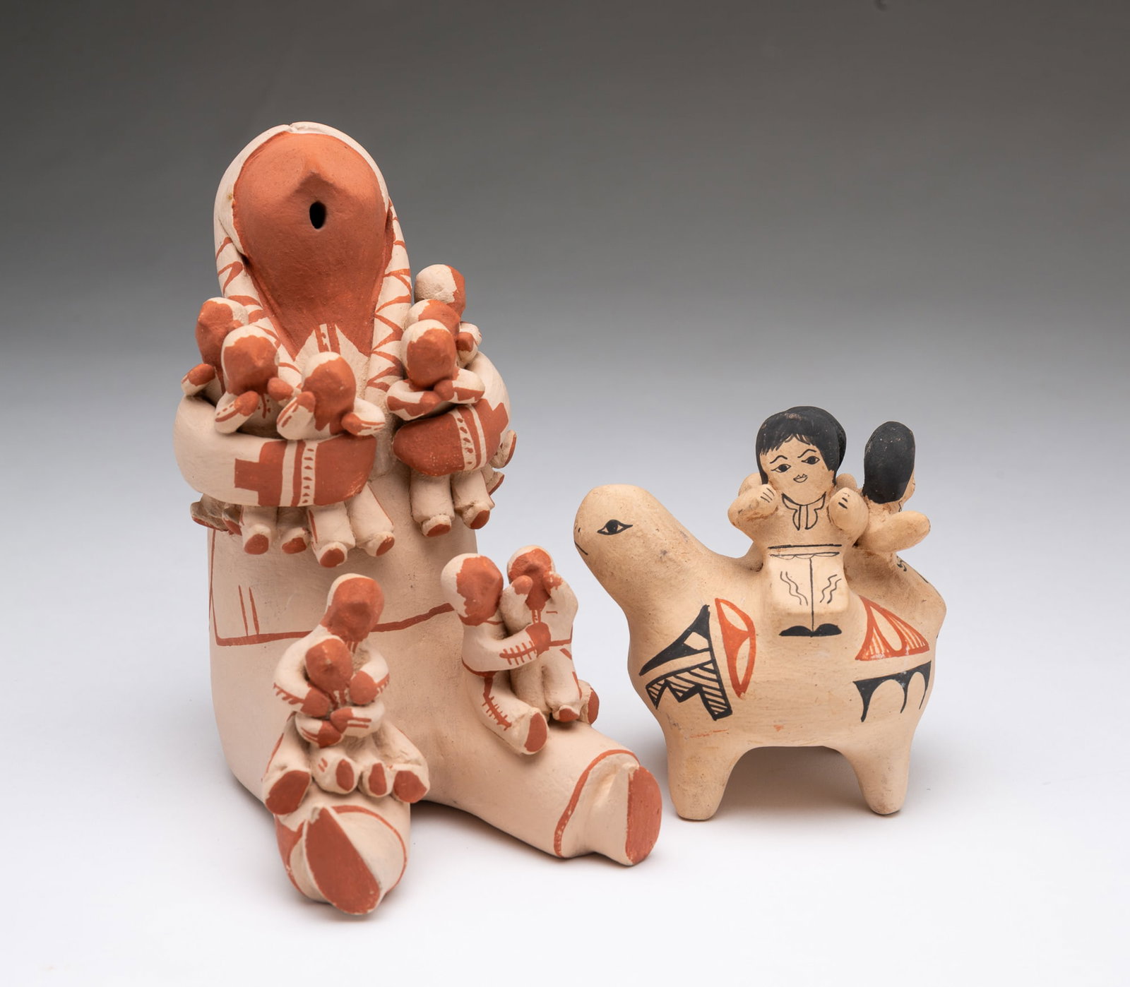 TWO NATIVE AMERICAN PUEBLO POTTERY FIGURES, INCL. ALMA LORETTA CONCHA (JEMEZ PUEBLO, 1941-2021). (1 of 5)