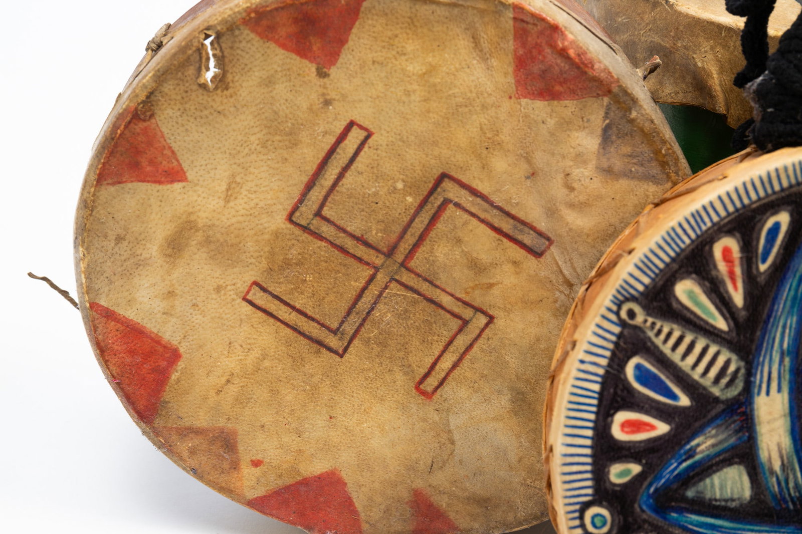 THREE NATIVE AMERICAN HIDE-COVERED DRUMS. - 4