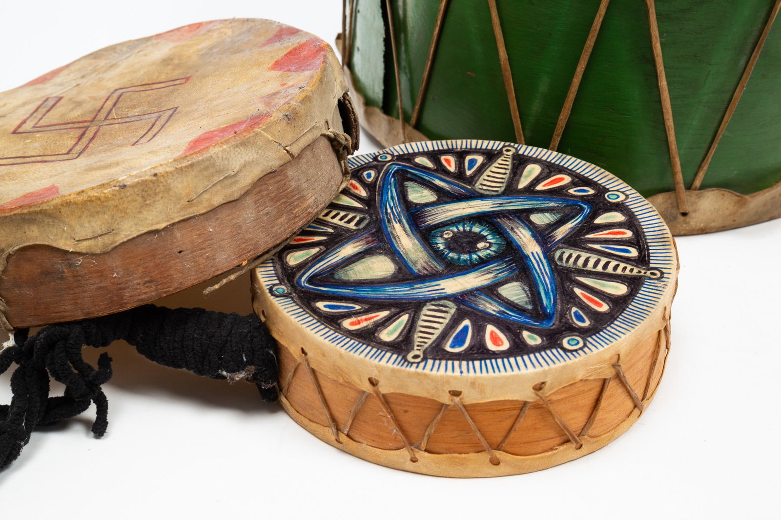 THREE NATIVE AMERICAN HIDE-COVERED DRUMS. - 5