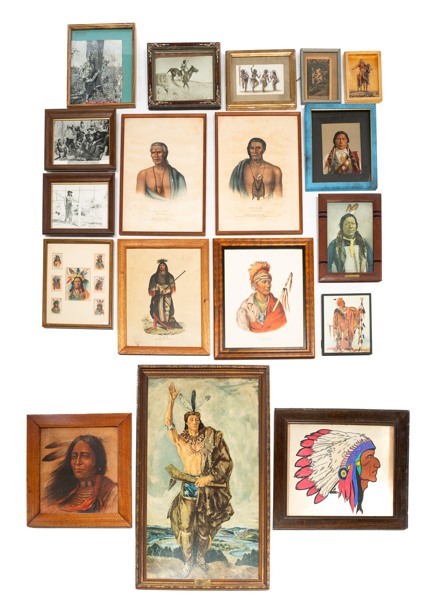 COLLECTION NATIVE AMERICAN PRINTS AND PHOTOGRAPHS.: COLLECTION NATIVE AMERICAN PRINTS AND PHOTOGRAPHS. American, 19th-20th Century. Including McKinney & Hall, Biddle, tobacco cards, plaques, and photographs. Largest, 48"h. 28.5"w. Provenance: From the