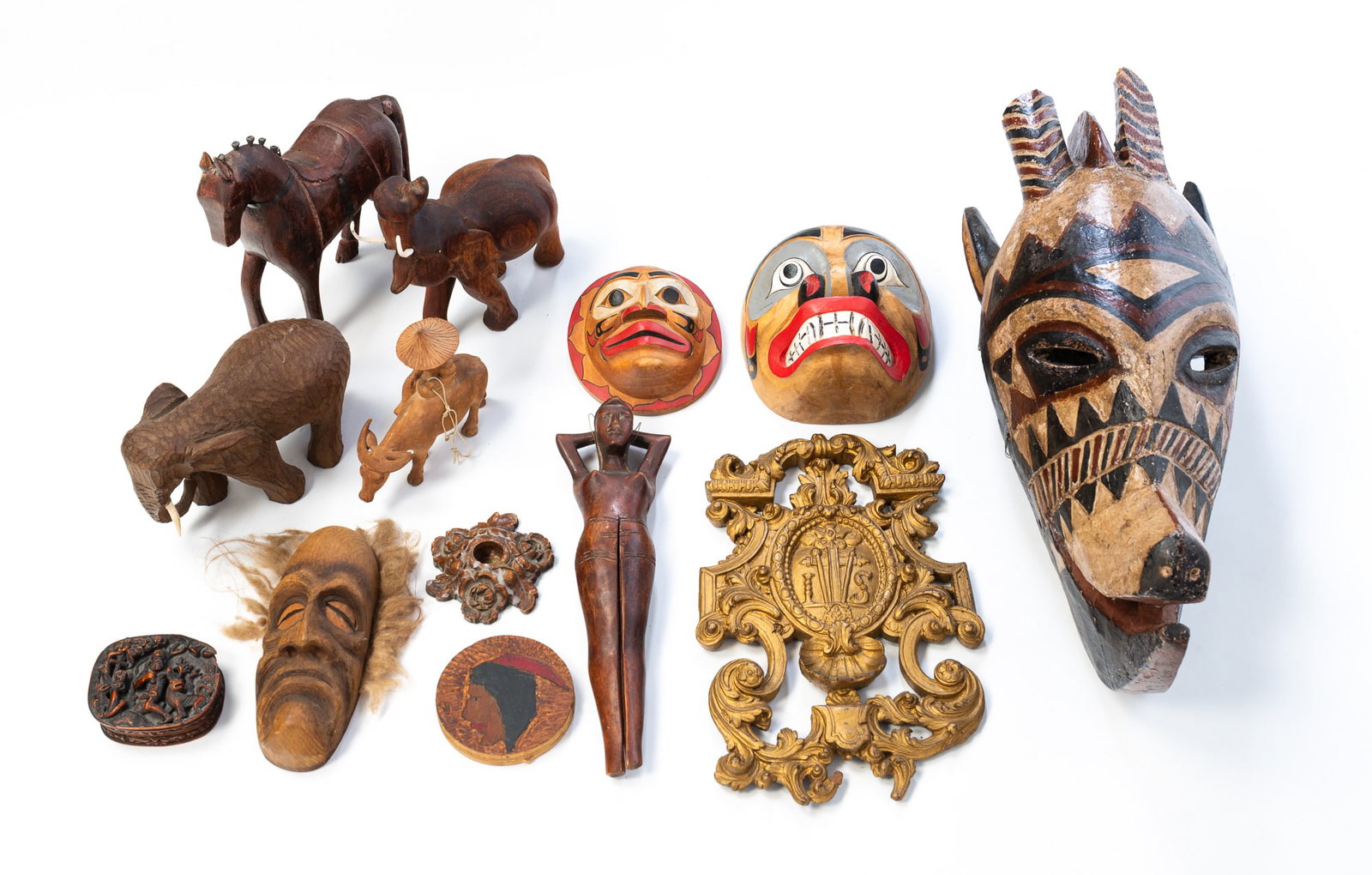 GROUP OF CARVED WOOD ITEMS, INCL. TWO NORTHWEST COAST STYLE MASKS. (1 of 8)