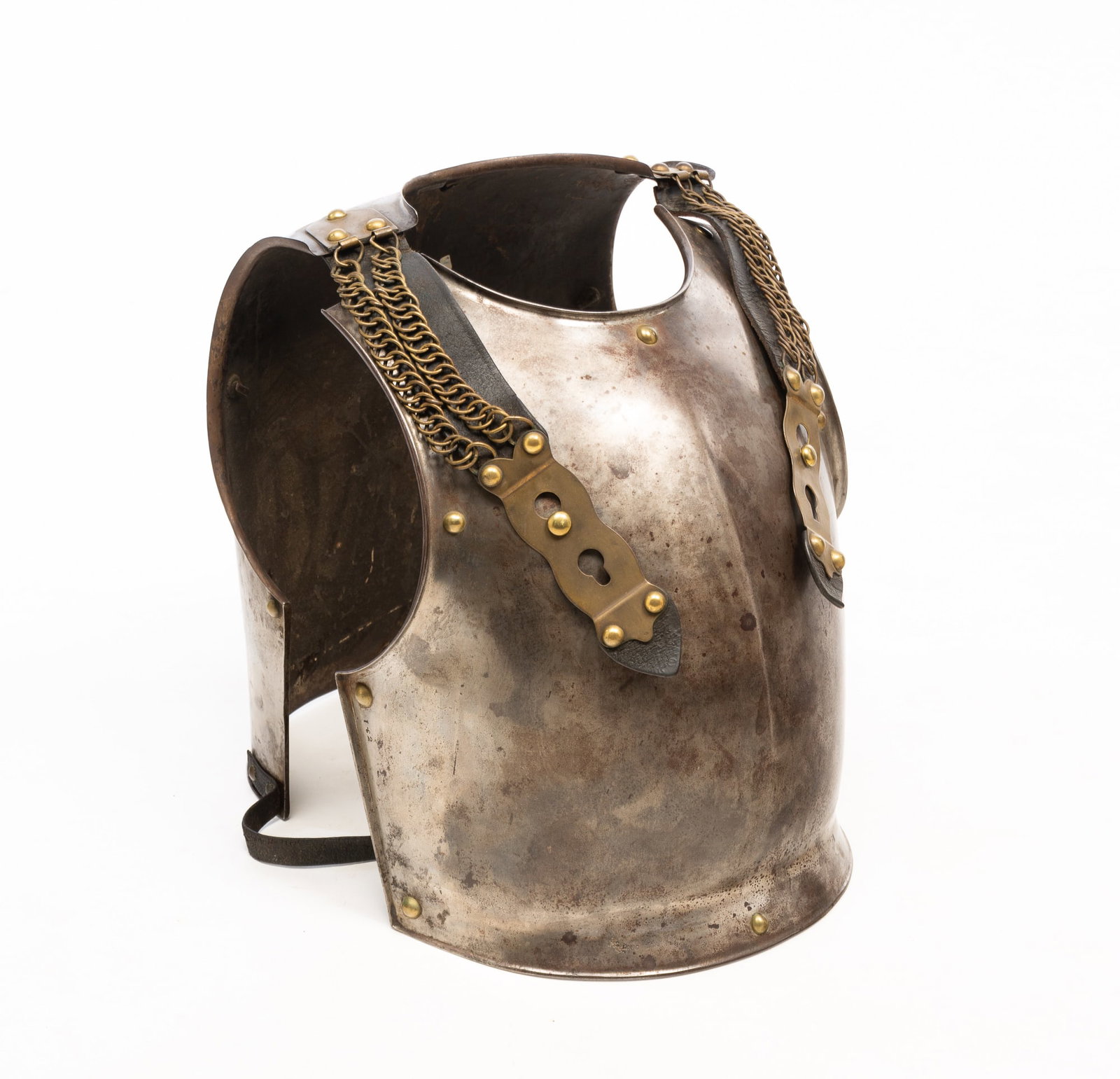 FRENCH LEATHER-MOUNTED STEEL SUIT OF ARMOR, DATED 1832. (1 of 6)