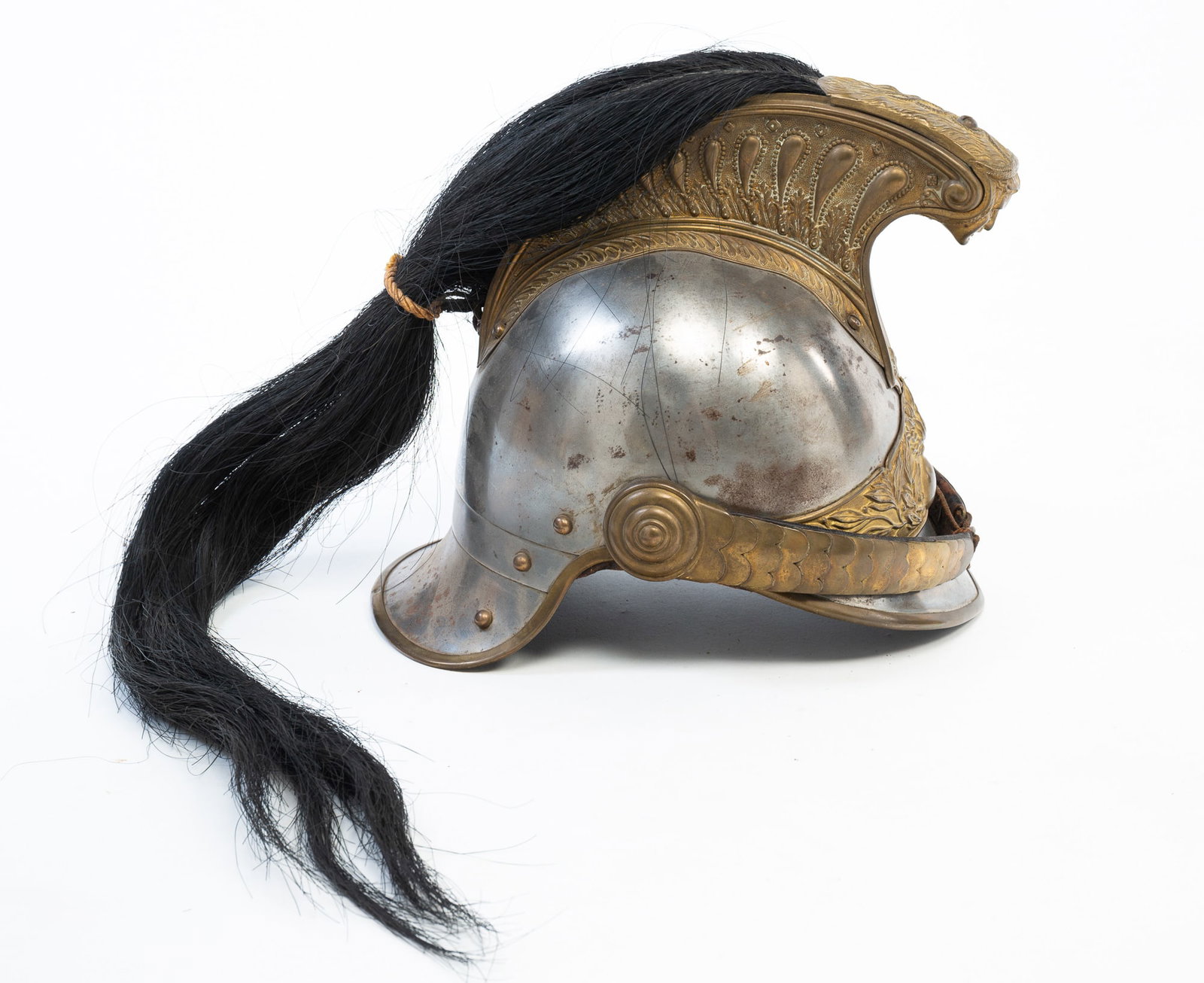 ALEXIS GODILLOT (FRENCH, 1816-1893) STEEL AND BRASS DRAGOON OR CUIRASSIER HELMET. (1 of 6)