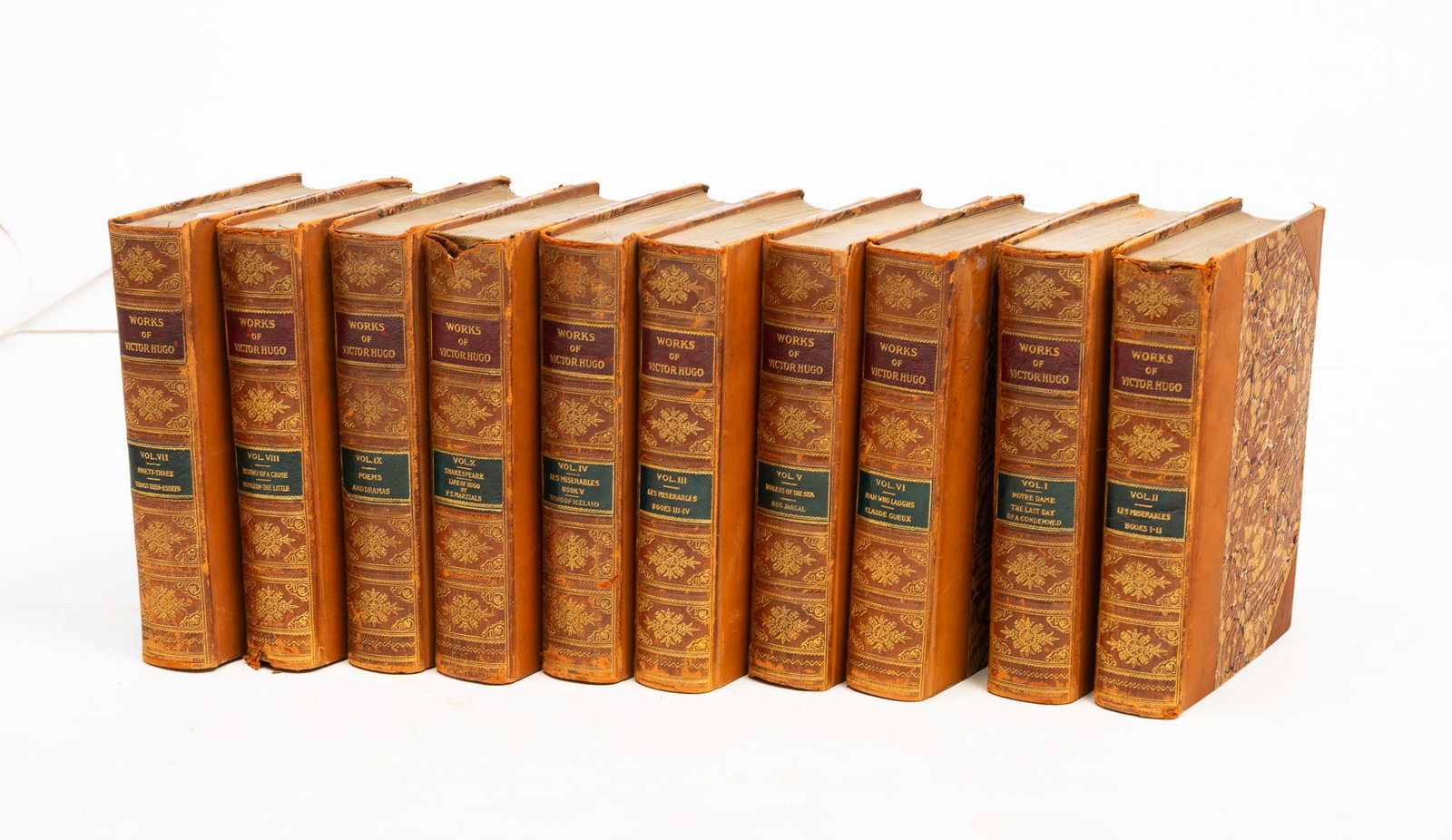 TEN-VOLUME LEATHER-BOUND BOOK SET OF THE "WORKS OF VICTOR HUGO". (1 of 6)