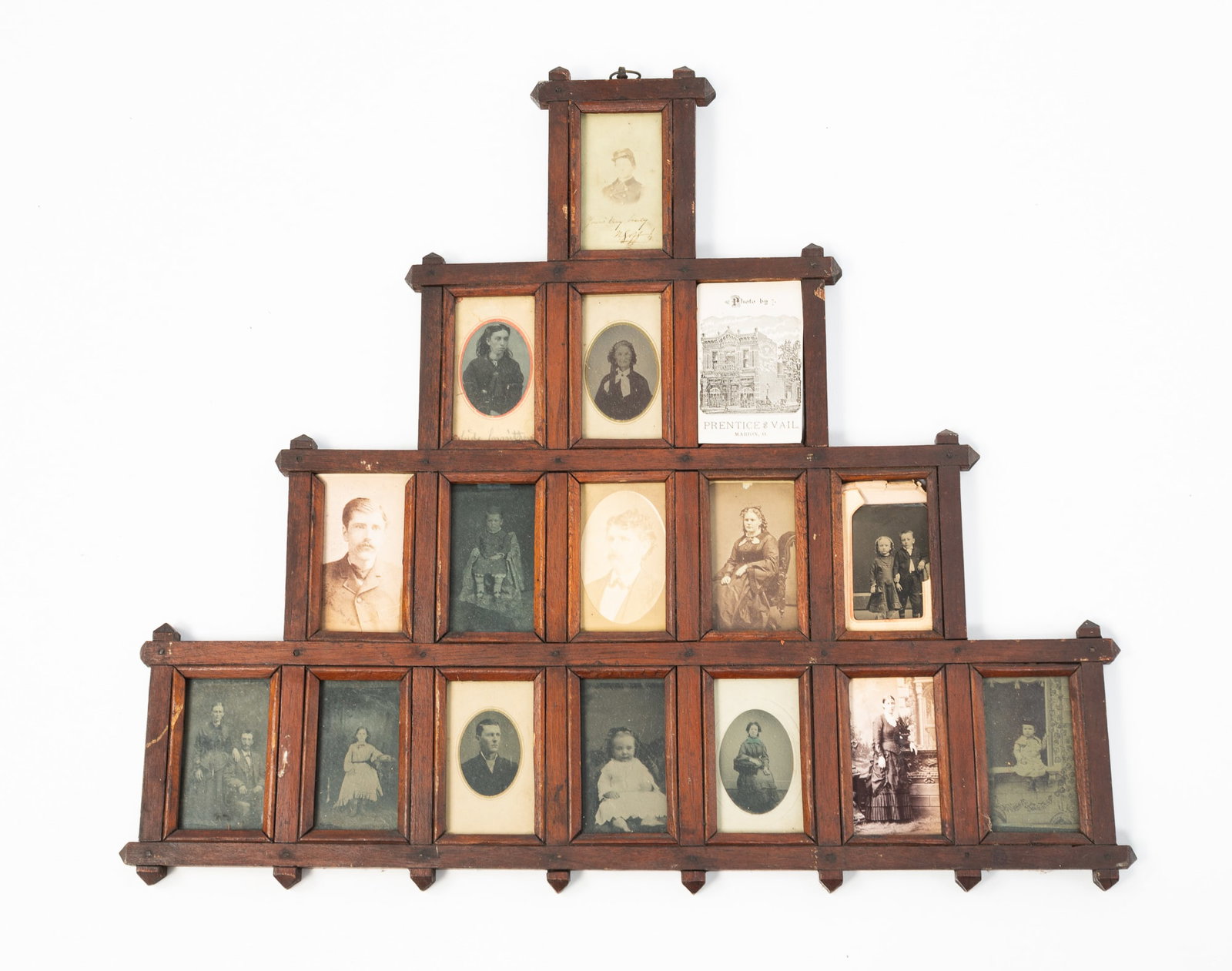 AMERICAN WALNUT CARTE DE VISITE FRAME WITH SIXTEEN IMAGES. (1 of 7)