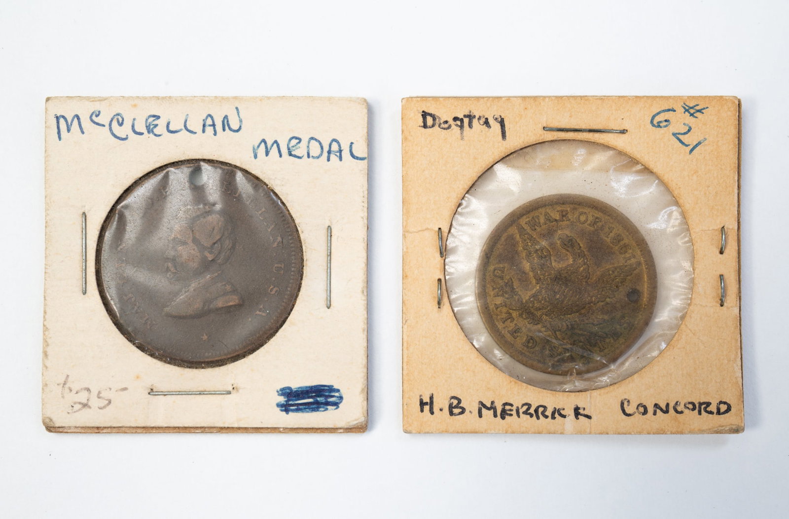 WAR OF 1861 DOG TAG AND A MCCLELLAN MEDAL.: WAR OF 1861 DOG TAG AND A MCCLELLAN MEDAL. The first is a brass United States War of 1861 dog tag with eagle on one side, the other side has identification of H.B. Merrick, Concord, with "E.E.E.E. ABC