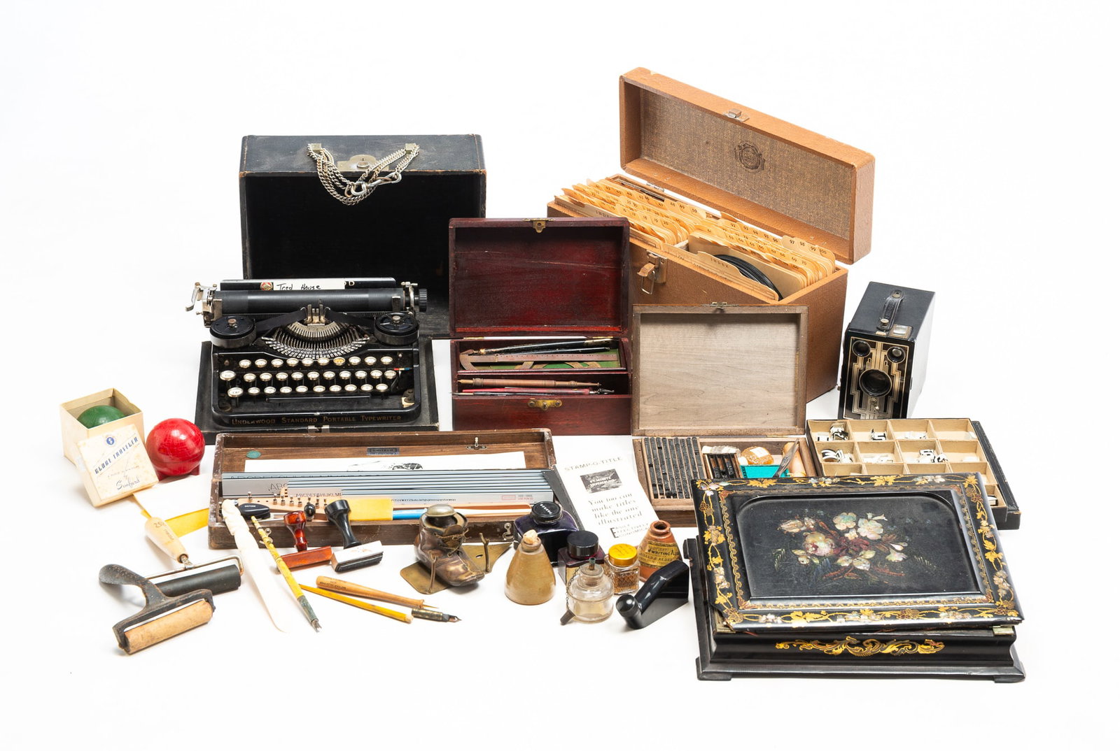 GROUP OF WRITING AND PRINTING TOOLS PLUS RECORDS, A TYPEWRITER, AND A BROWNIE CAMERA. (1 of 7)