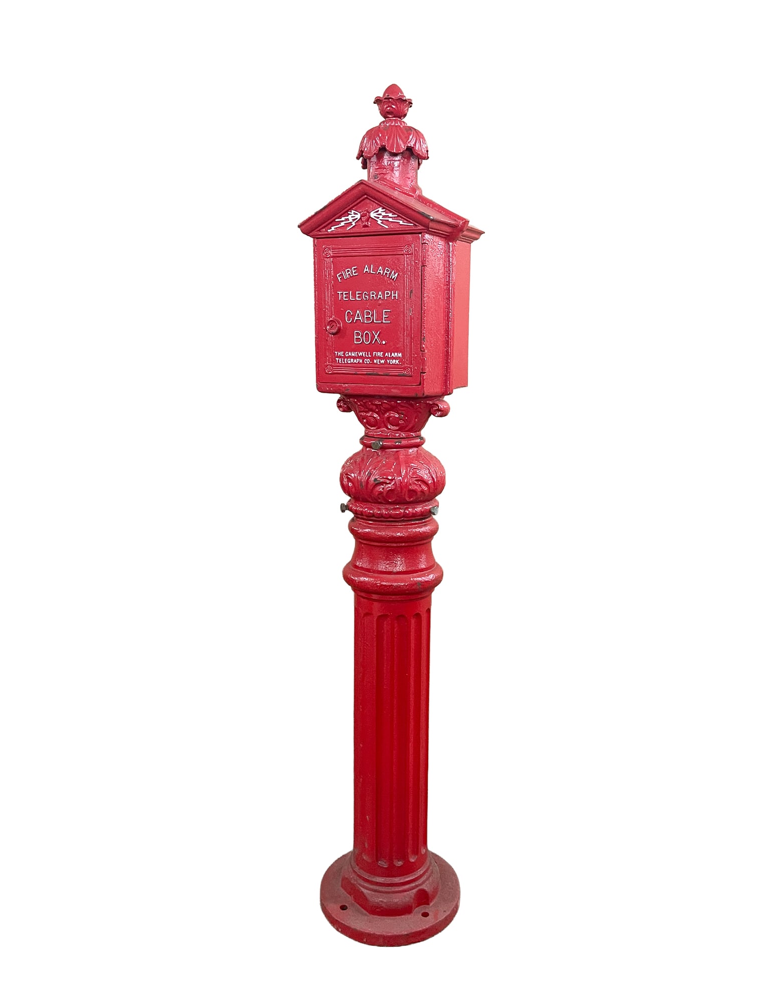 CAST IRON GAMEWELL FIRE ALARM TELEGRAPH BOX ON PEDESTAL.: CAST IRON GAMEWELL FIRE ALARM TELEGRAPH BOX ON PEDESTAL. American, ca. 1920. Made by Gamewell Fire Arms Telegraph Co. (New York) and Horn Signal Mfg. Corp. (New York, New York). Red-painted with an ac