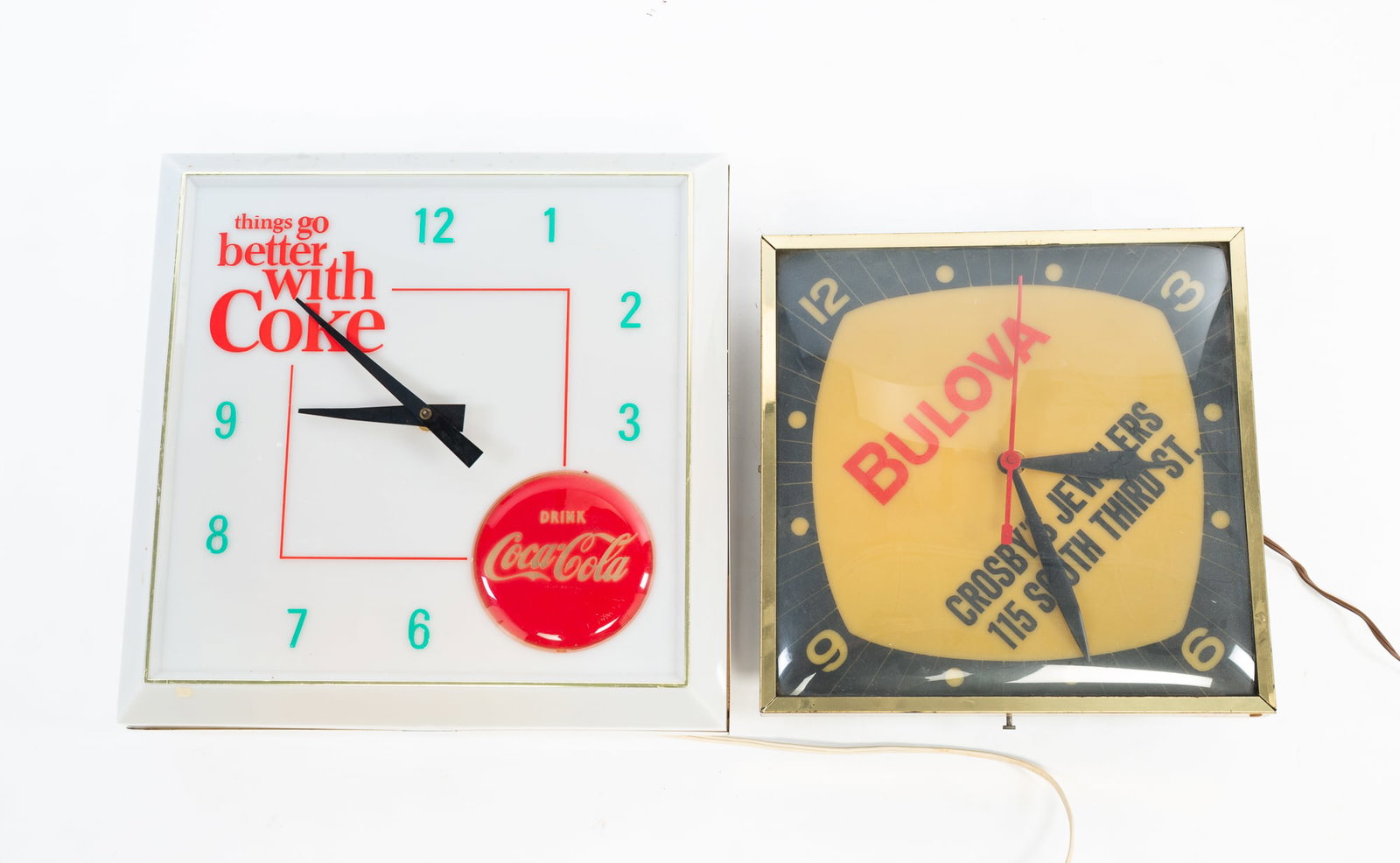 TWO ADVERTISING WALL CLOCKS, INCL. HANOVER MANUFACTURING INC. (COLUMBUS, OHIO) FOR COCA-COLA. (1 of 6)